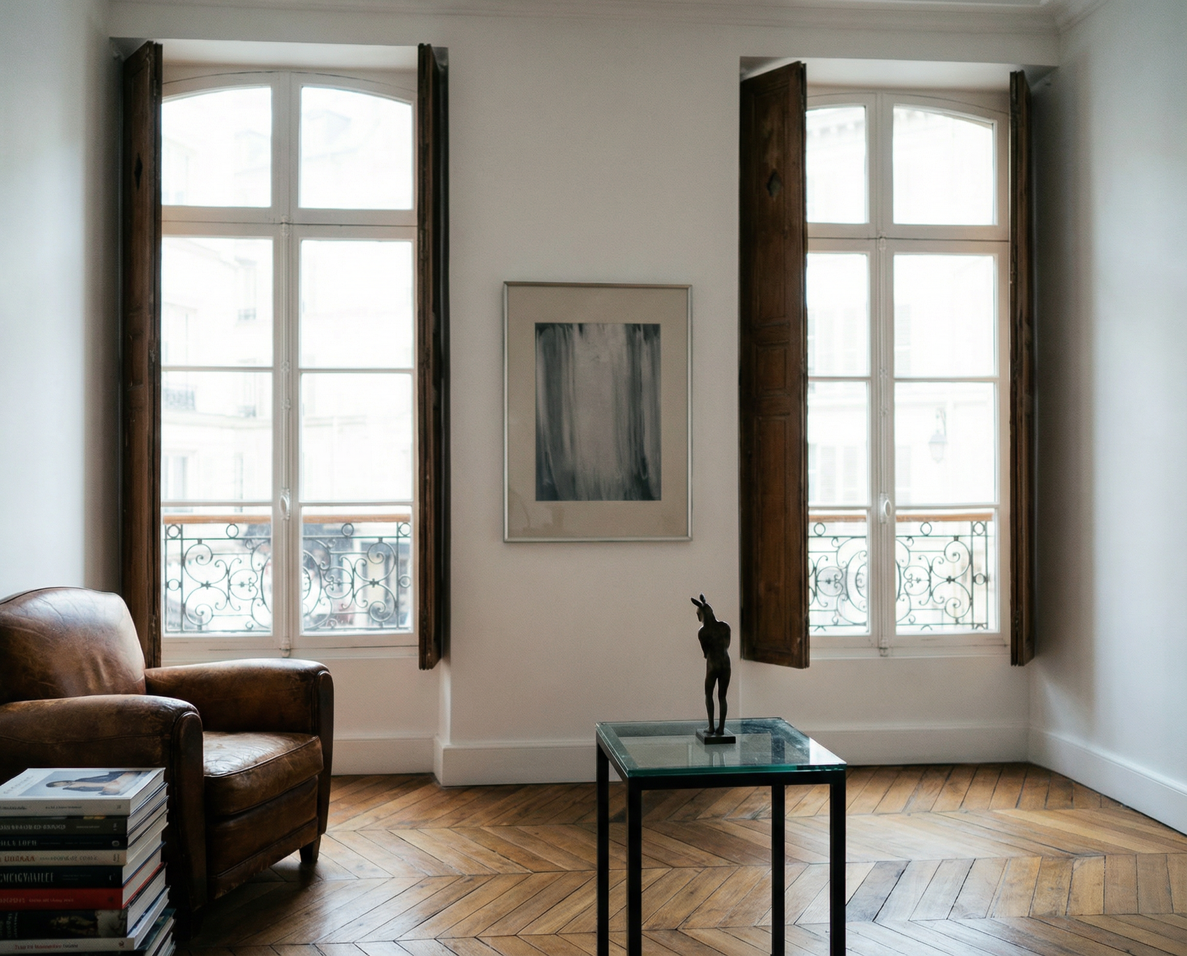 Living room with a brown armchair, glass table, and artwork on a white wall. fade 4– Bold Abstract Canvas Print | Large Luxury Wall Art | Brume Art| Luxury Wall Decor | Large Canvas Wall Art | Oversized Wall Hanging-Brume art