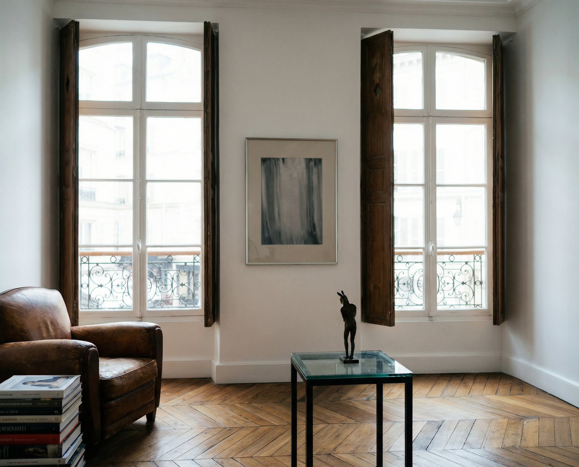 Living room with a brown armchair, glass table, and artwork on a white wall. fade 4– Bold Abstract Canvas Print | Large Luxury Wall Art | Brume Art| Luxury Wall Decor | Large Canvas Wall Art | Oversized Wall Hanging-Brume art