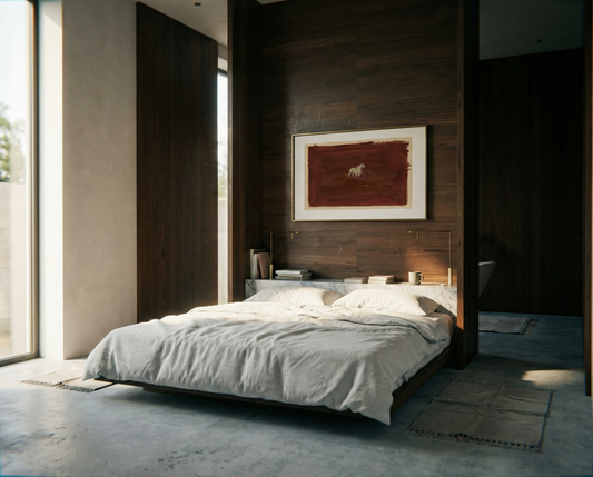 Modern bedroom with wooden wall, bed, and artwork silent run – Contemporary Animal Canvas Art | Luxury Wall Decor | Brume Art