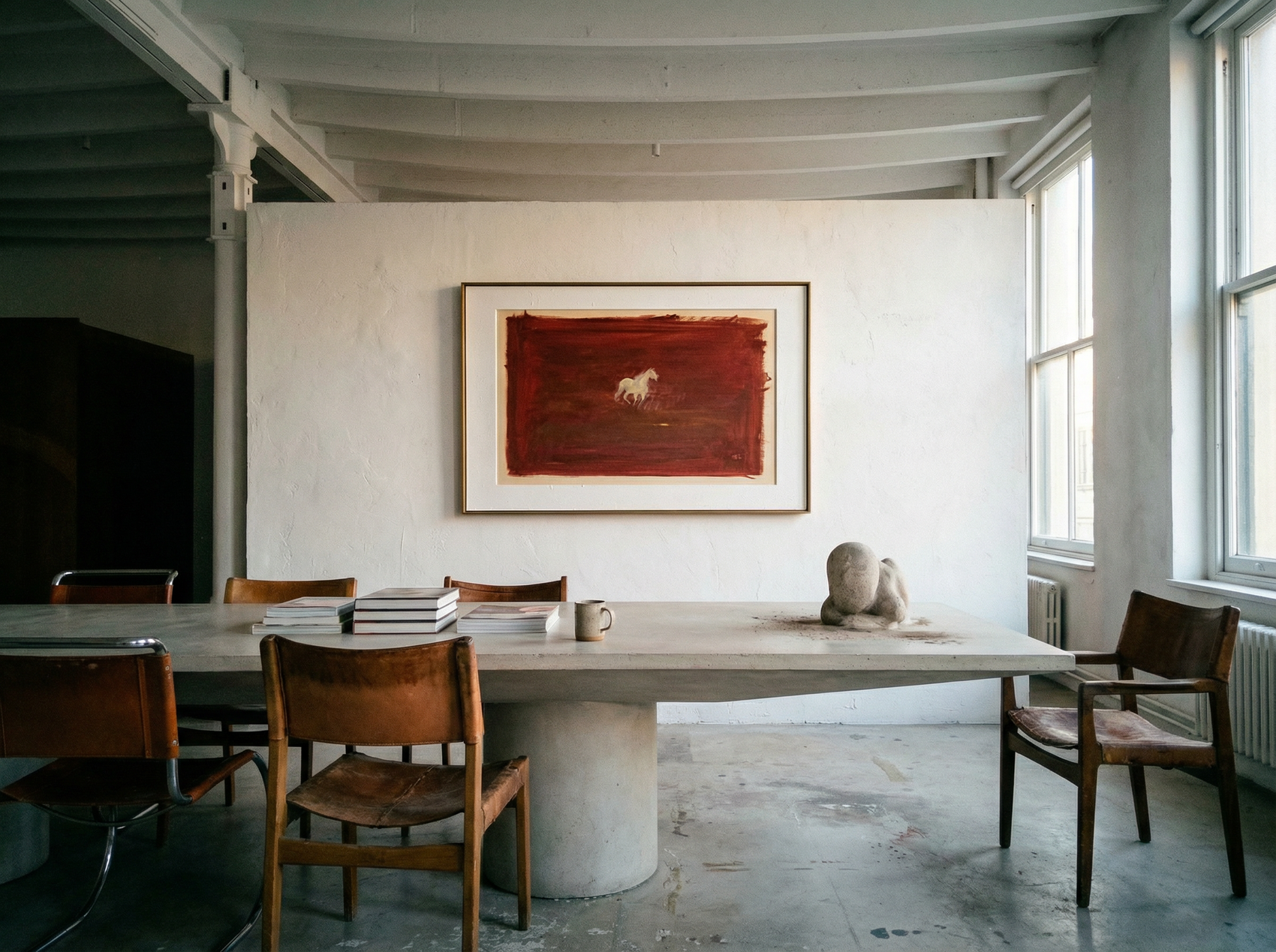 Dining area with a large table and chairs, featuring a red abstract painting on the wall. silent run – Contemporary Animal Canvas Art | Luxury Wall Decor | Brume Art