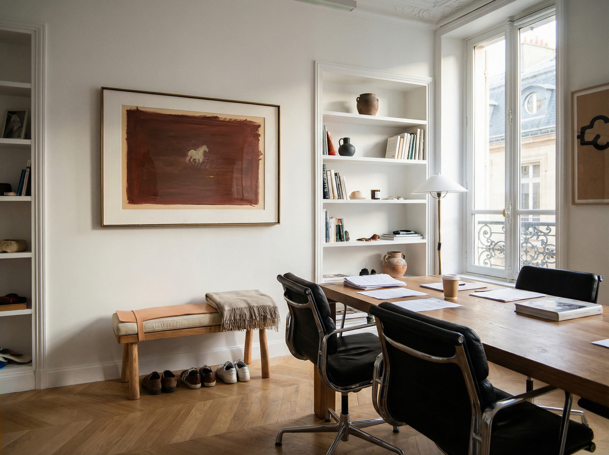 Modern office with wooden desk, chairs, and bookshelves. silent run – Contemporary Animal Canvas Art | Luxury Wall Decor | Brume Art