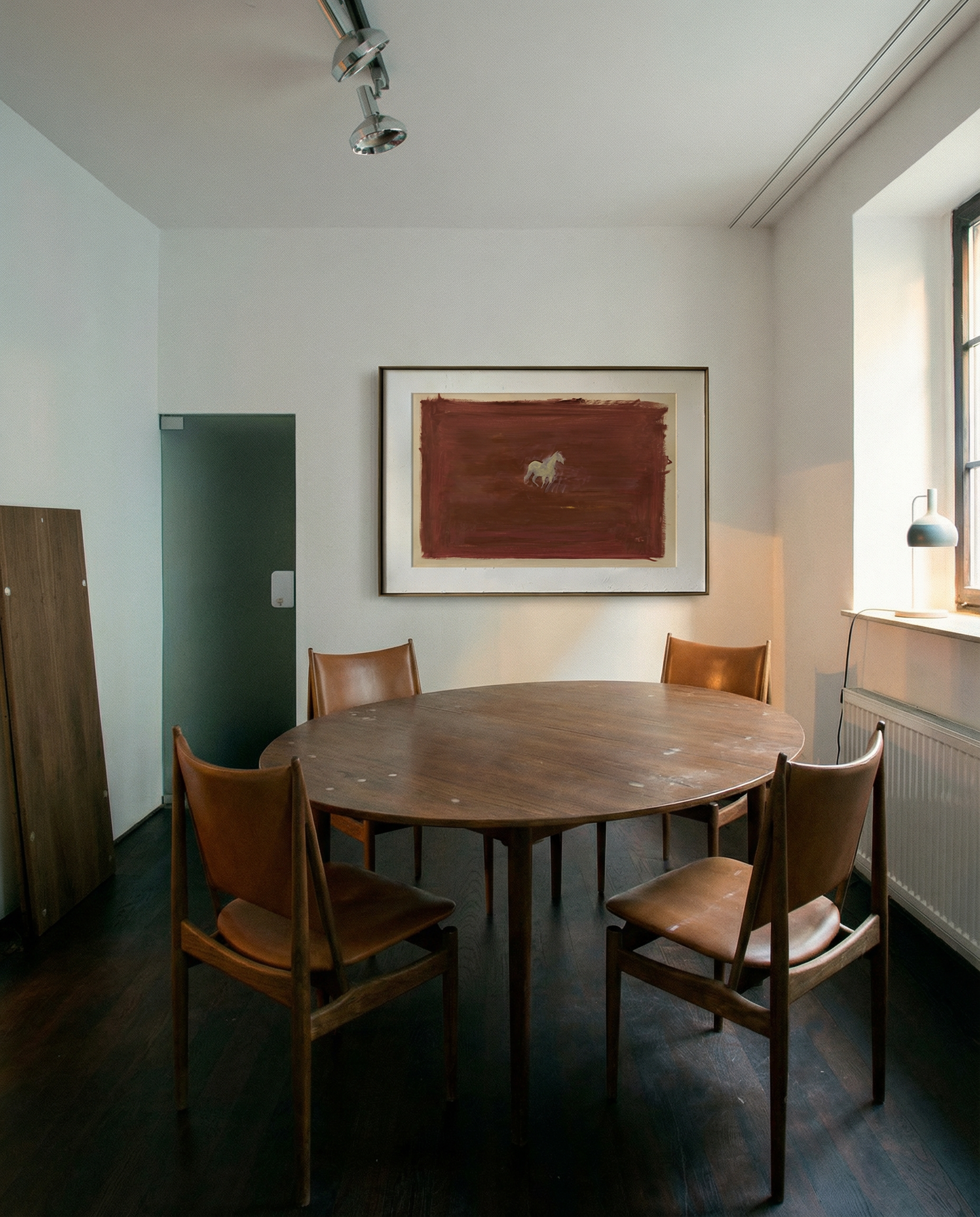 Dining room with wooden table and chairs, framed artwork on the wall. silent run – Contemporary Animal Canvas Art | Luxury Wall Decor | Brume Art