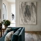 Modern living room with a teal sofa, abstract painting, and potted plant. Veil 2 – Bold Abstract Canvas Print | Large Luxury Wall Art | Brume Art| Luxury Wall Decor | Large Canvas Wall Art | Oversized Wall Hanging-Brume art