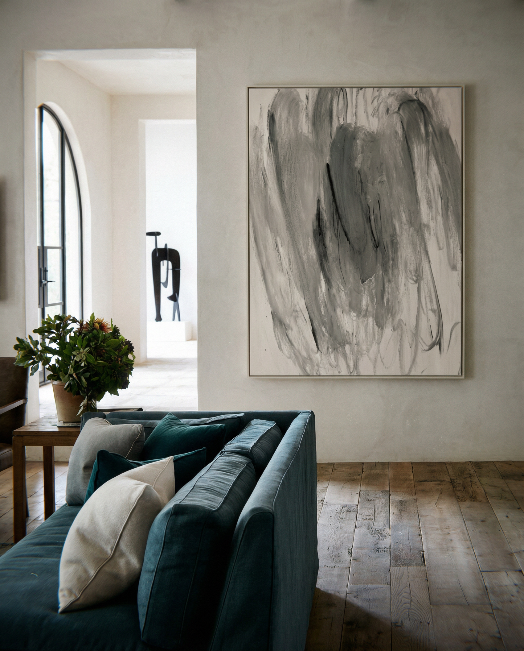 Modern living room with a teal sofa, abstract painting, and potted plant. Veil 2 – Bold Abstract Canvas Print | Large Luxury Wall Art | Brume Art| Luxury Wall Decor | Large Canvas Wall Art | Oversized Wall Hanging-Brume art