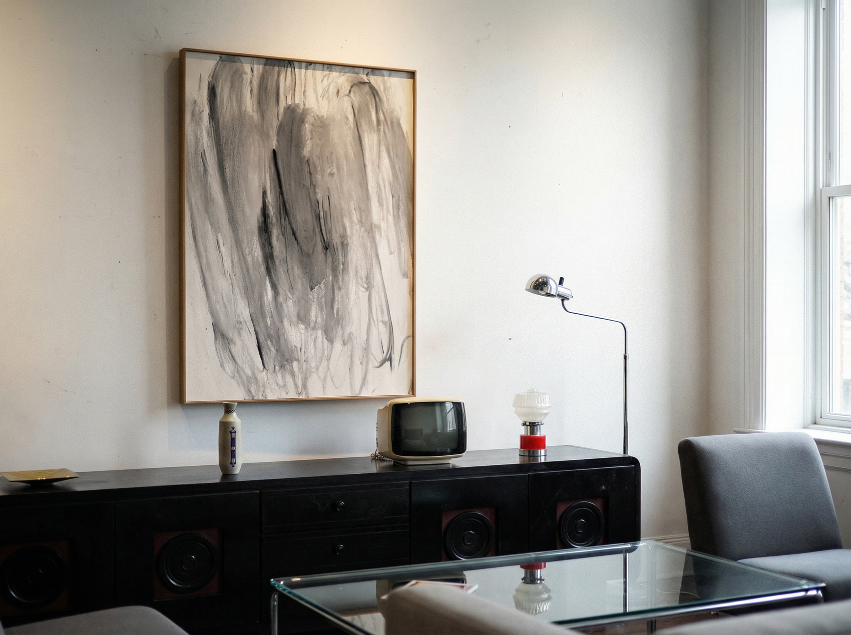 Modern interior with abstract art, console table, and chair. Veil 2 – Bold Abstract Canvas Print | Large Luxury Wall Art | Brume Art| Luxury Wall Decor | Large Canvas Wall Art | Oversized Wall Hanging-Brume art