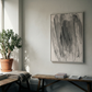 Modern interior with abstract art, plant, and wooden bench. Veil 2 – Bold Abstract Canvas Print | Large Luxury Wall Art | Brume Art| Luxury Wall Decor | Large Canvas Wall Art | Oversized Wall Hanging-Brume art