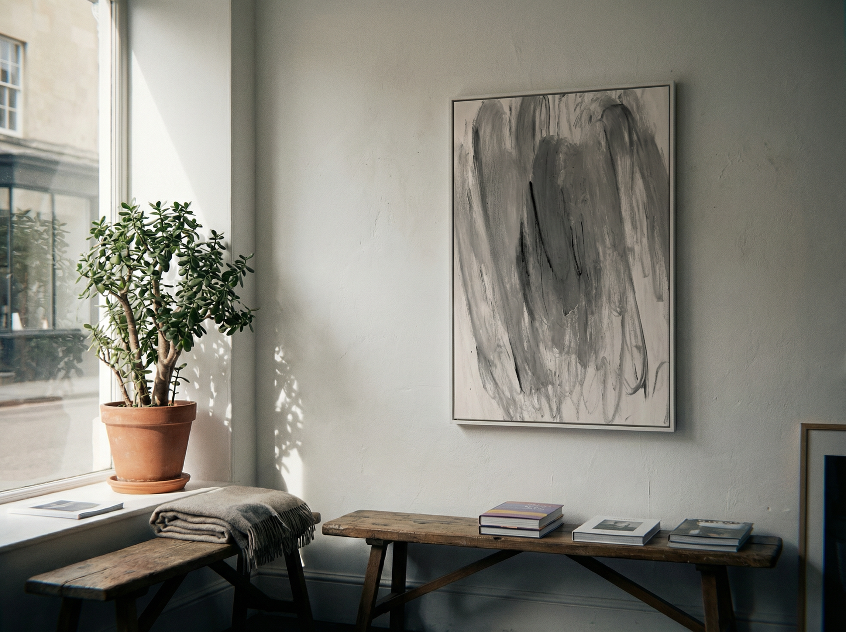 Modern interior with abstract art, plant, and wooden bench. Veil 2 – Bold Abstract Canvas Print | Large Luxury Wall Art | Brume Art| Luxury Wall Decor | Large Canvas Wall Art | Oversized Wall Hanging-Brume art