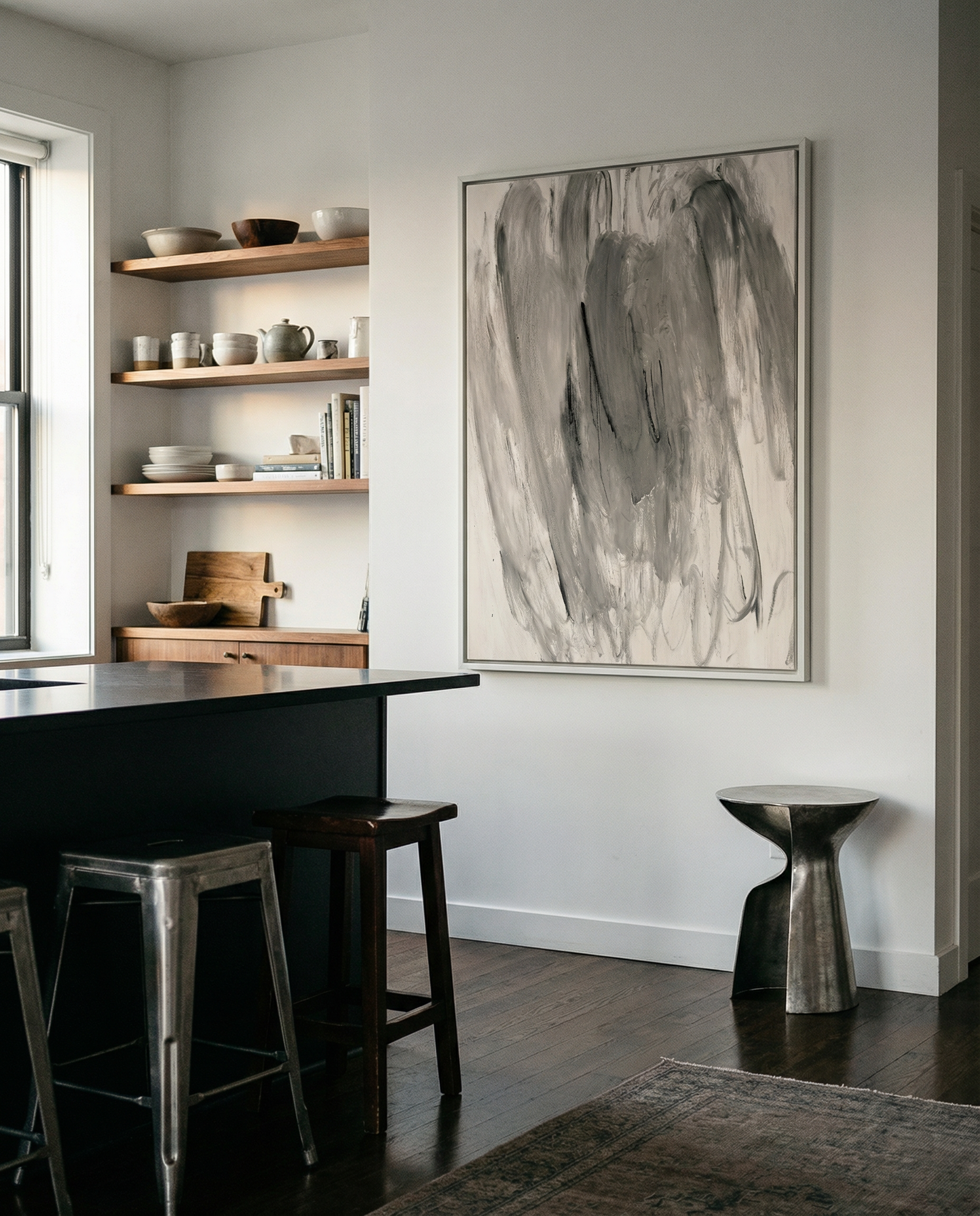 Modern kitchen with black island, wooden shelves, and abstract art on the wall. Veil 2 – Bold Abstract Canvas Print | Large Luxury Wall Art | Brume Art| Luxury Wall Decor | Large Canvas Wall Art | Oversized Wall Hanging-Brume art