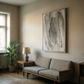 Living room with a gray sofa, lamp, and abstract painting on a beige wall. Veil 2 – Bold Abstract Canvas Print | Large Luxury Wall Art | Brume Art| Luxury Wall Decor | Large Canvas Wall Art | Oversized Wall Hanging-Brume art
