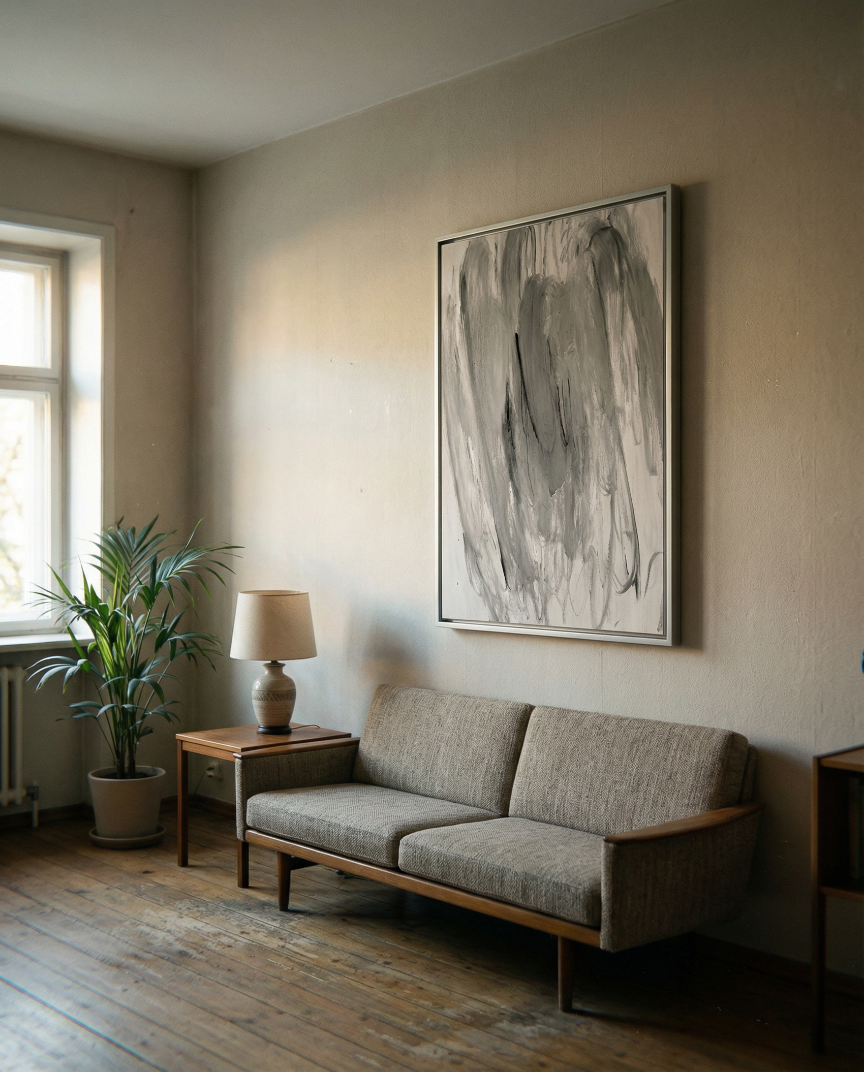 Living room with a gray sofa, lamp, and abstract painting on a beige wall. Veil 2 – Bold Abstract Canvas Print | Large Luxury Wall Art | Brume Art| Luxury Wall Decor | Large Canvas Wall Art | Oversized Wall Hanging-Brume art