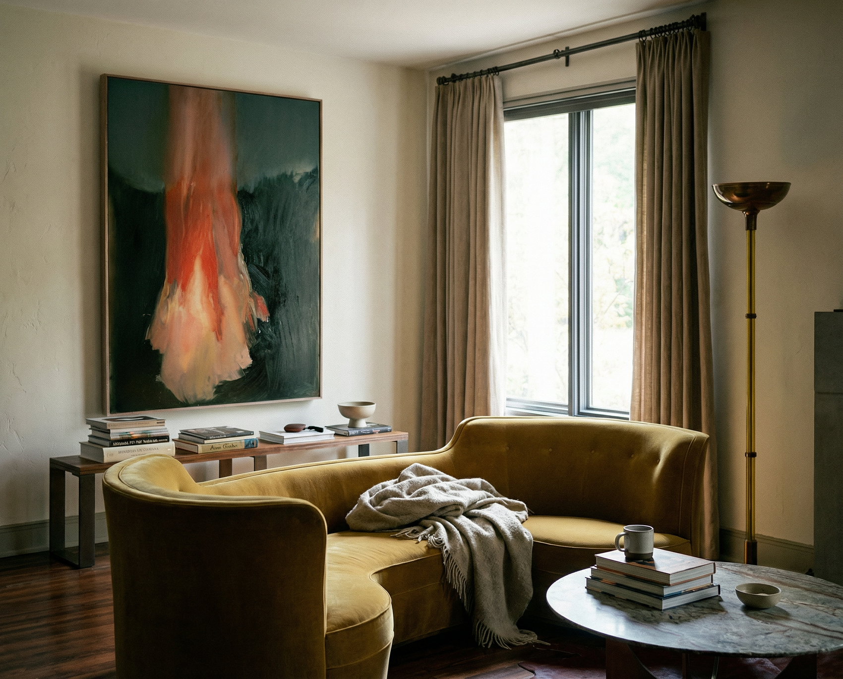 Living room with a yellow sofa, coffee table, and large abstract painting on the wall. Flame – Expressive Abstract Canvas Art | Large Luxury Wall Print | Brume Art