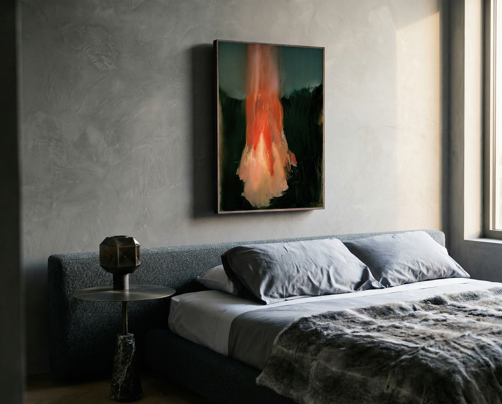 Modern bedroom with a bed, side table, and abstract painting on the wall. Flame – Expressive Abstract Canvas Art | Large Luxury Wall Print | Brume Art