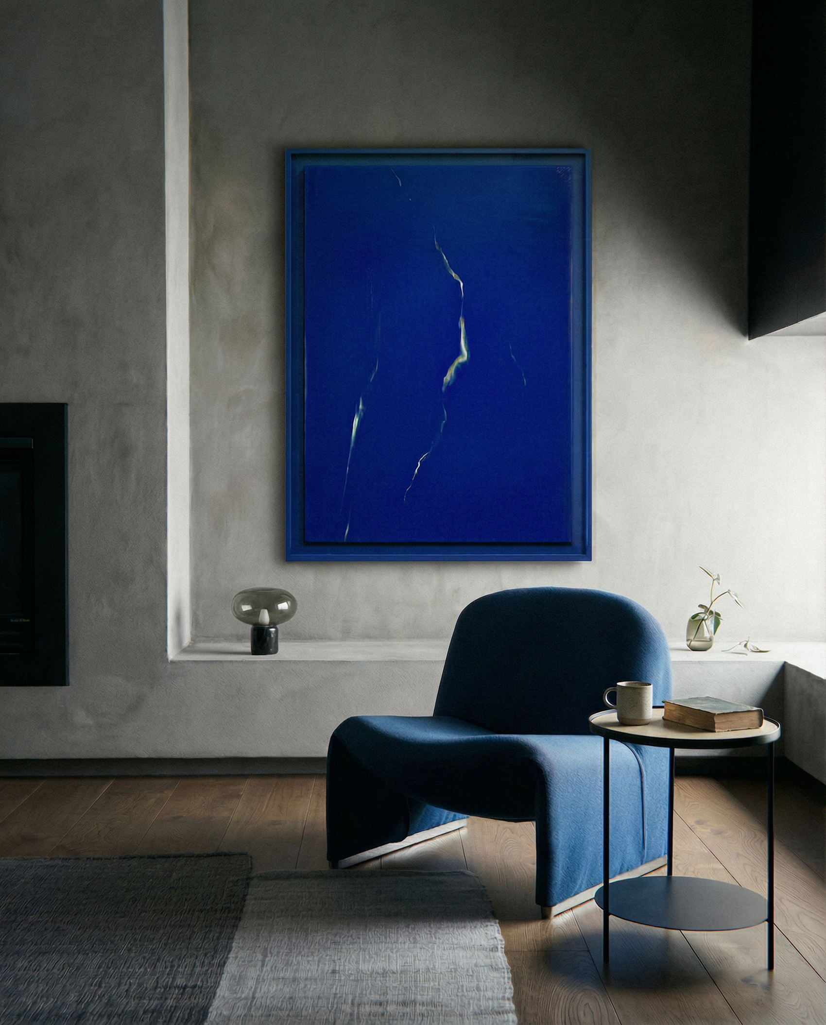 Modern interior with a blue armchair and abstract art on the wall. Strike – Bold Abstract Canvas Wall Art | Large Luxury Print | Brume Art