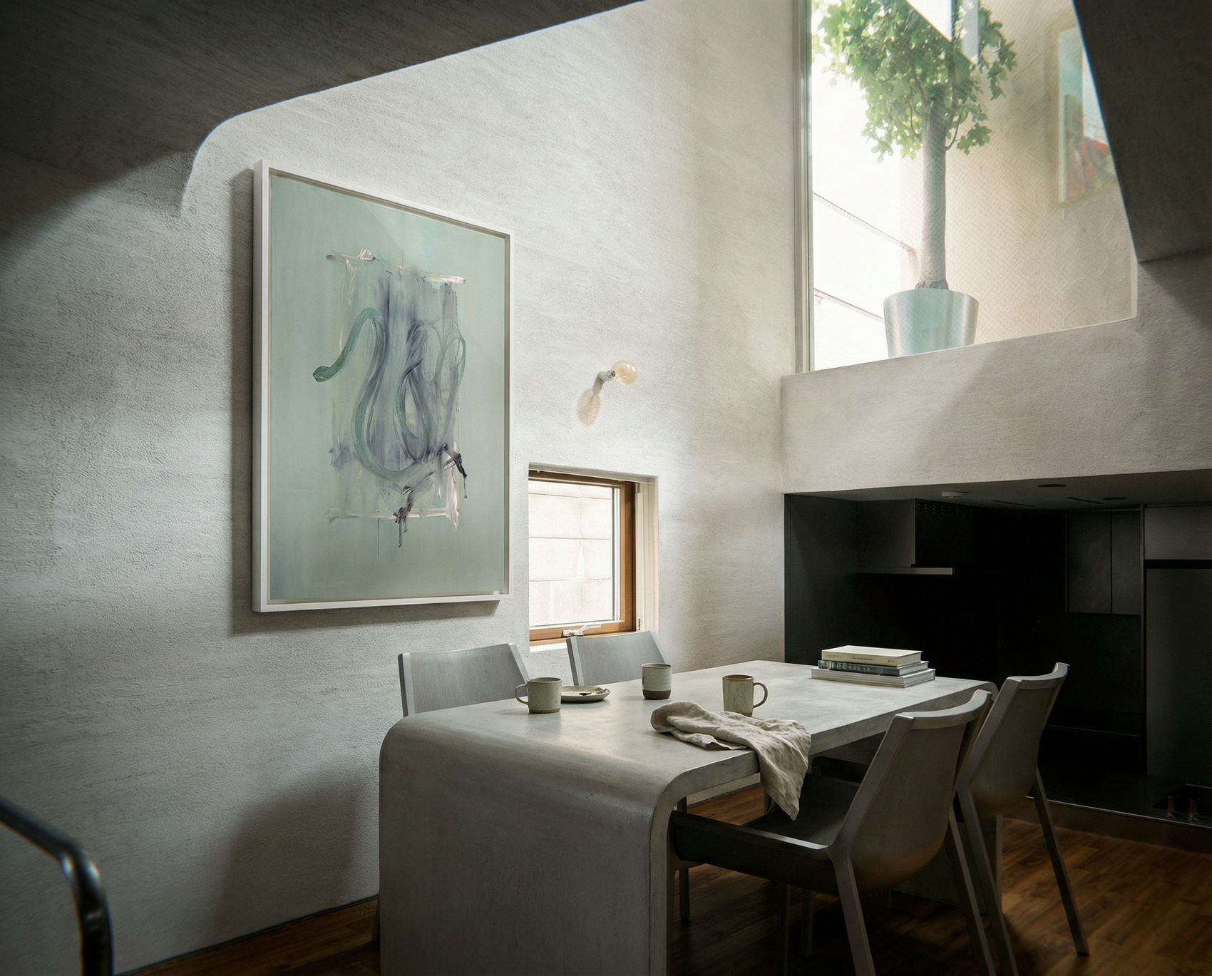 Modern dining area with a table, chairs, and artwork on the wall. tension 3 – Textured Abstract Canvas Art | Premium Luxury Wall Decor | Brume Art