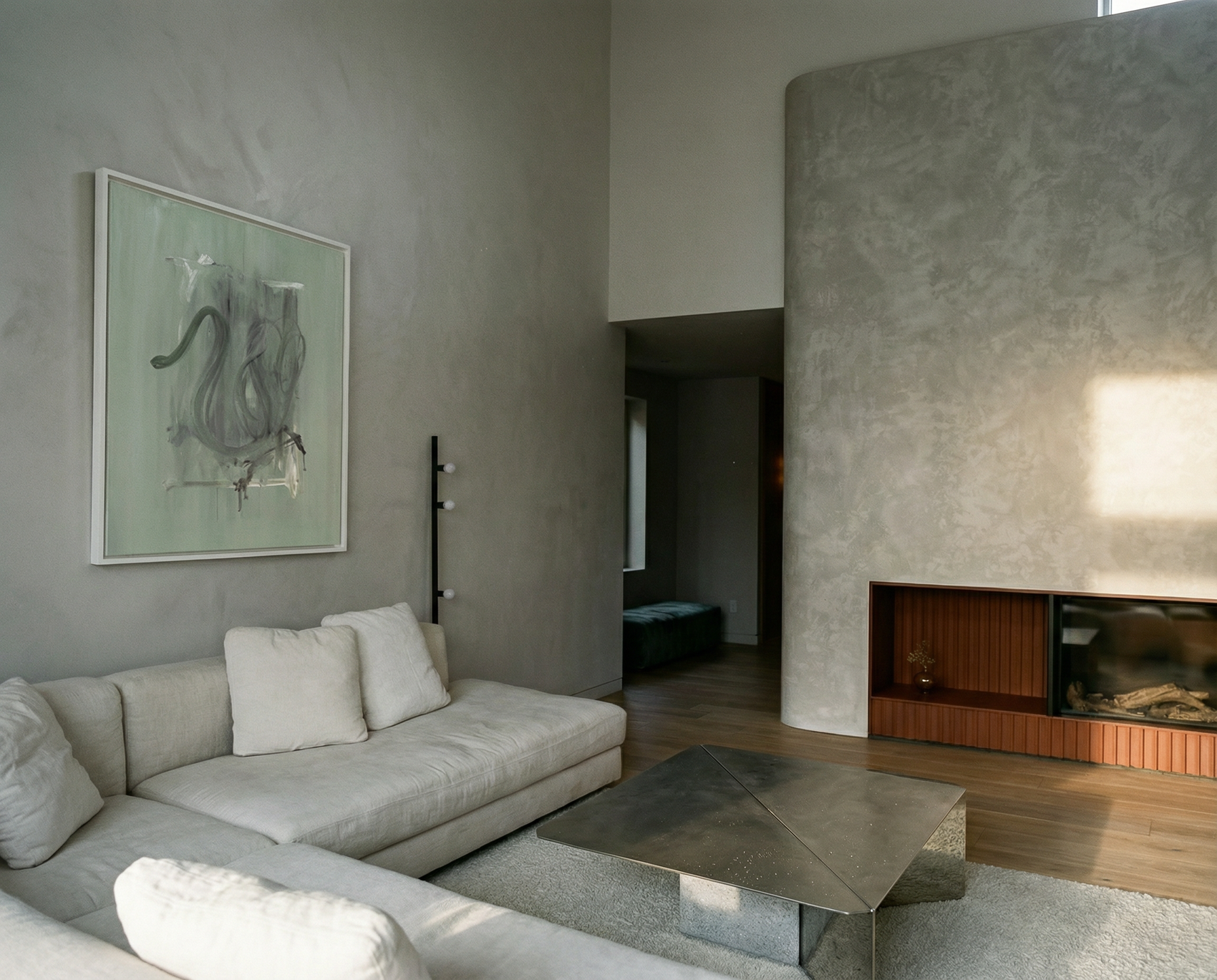 Modern living room with gray walls, a gray sofa, and a fireplace. tension 3 – Textured Abstract Canvas Art | Premium Luxury Wall Decor | Brume Art