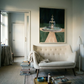 Living room with a beige sofa, coffee table, and artwork on the wall. The Fountain – Abstract Canvas Wall Art | Large Luxury Print | Brume Art