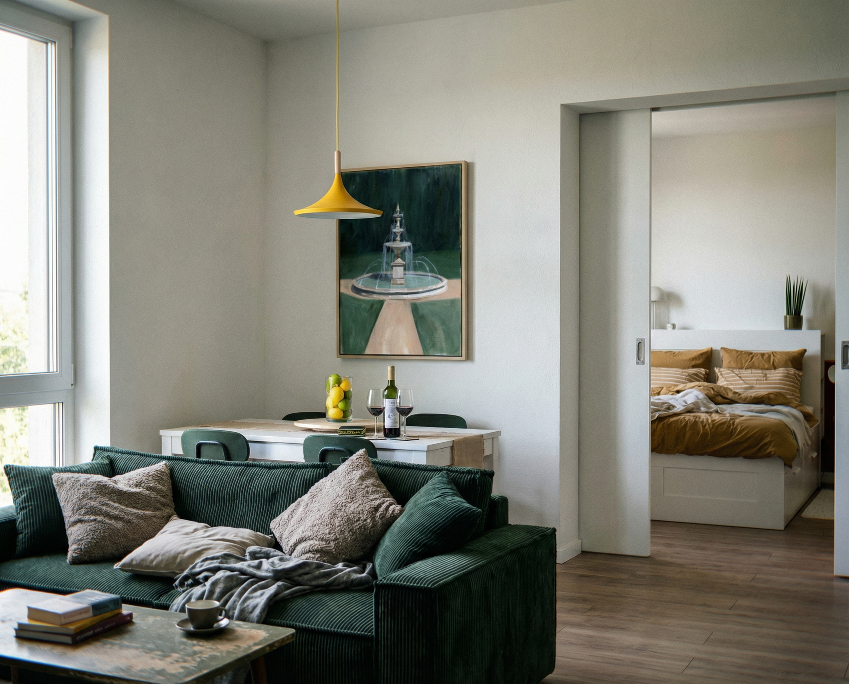 Modern living room with a green sofa, coffee table, and a view into a bedroom. The Fountain – Abstract Canvas Wall Art | Large Luxury Print | Brume Art| Luxury Wall Decor | Large Canvas Wall Art | Oversized Wall Hanging-Brume art