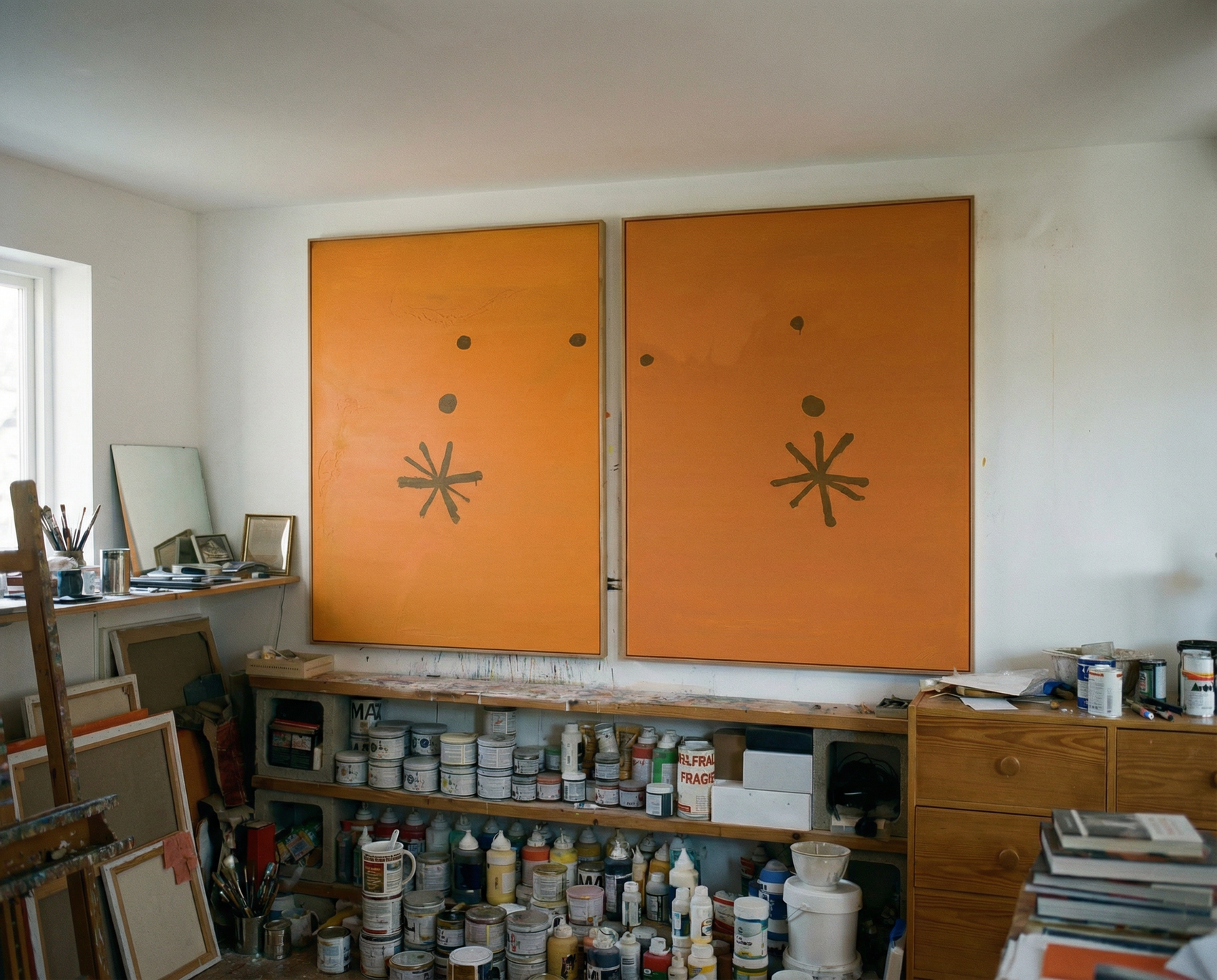 Orange wall panels with abstract designs in a studio setting Marks – Bold Abstract Canvas Wall Art | Premium Luxury Print | Brume Art