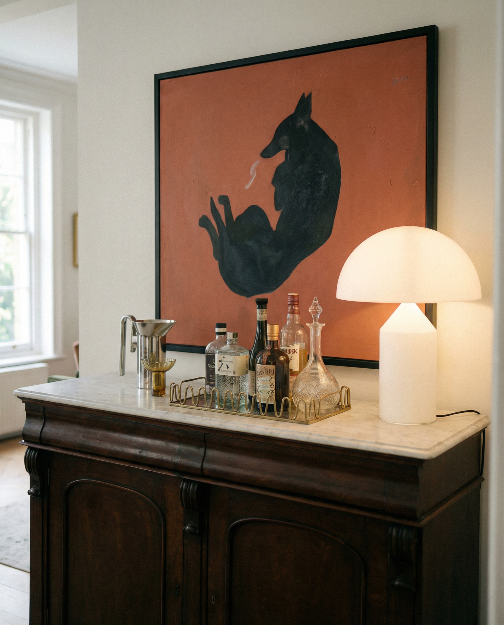 Beverage setup on a wooden sideboard with a lamp and abstract painting in the background. Black dog – Contemporary Animal Canvas Art | Luxury Wall Decor | Brume Art | Luxury Wall Decor | Large Canvas Wall Art | Oversized Wall Hanging-Brume art