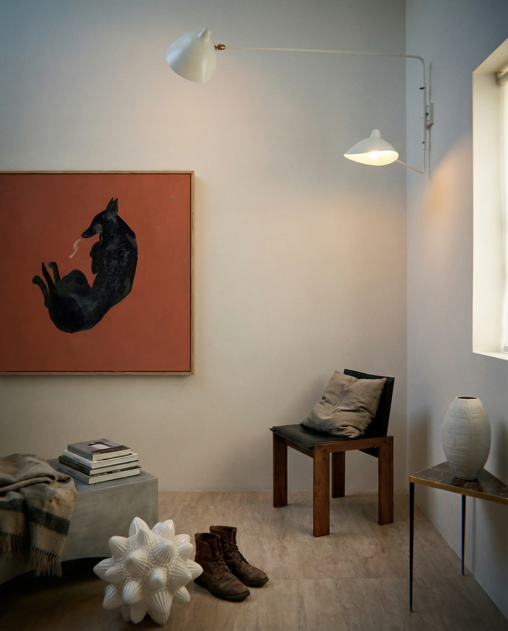 Modern interior with a black horse painting, wooden chair, and decorative items. Black dog – Contemporary Animal Canvas Art | Luxury Wall Decor | Brume Art | Luxury Wall Decor | Large Canvas Wall Art | Oversized Wall Hanging-Brume art
