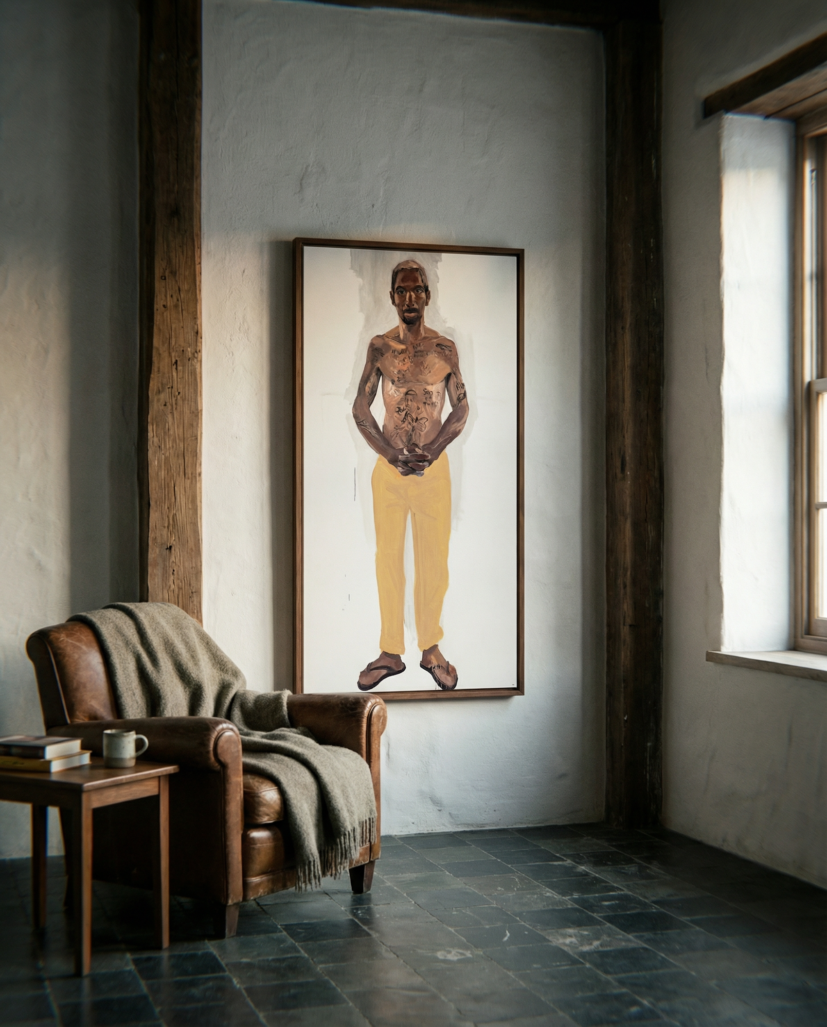 Room interior with a leather armchair, small table, and large framed artwork on the wall. Fisherman of manila-Figurative Canvas Wall Art | Premium Luxury Print | Brume Art | Luxury Wall Decor | Large Canvas Wall Art | Oversized Wall Hanging-Brume art