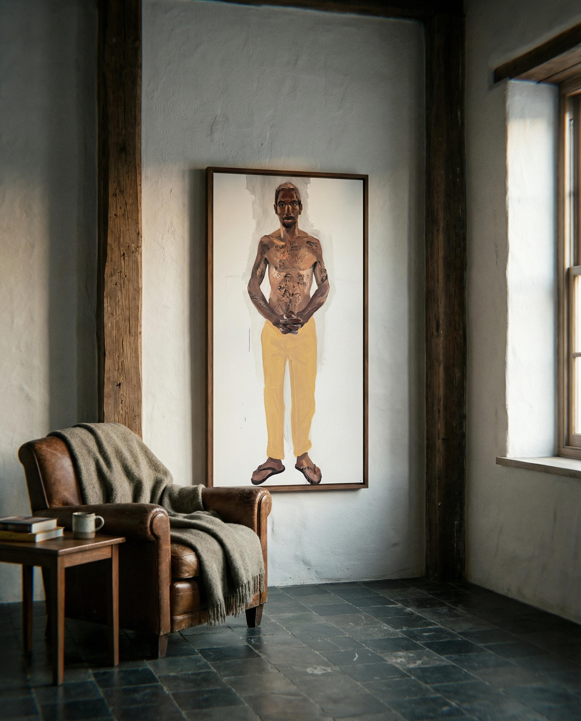 Room interior with a leather armchair, small table, and large framed artwork on the wall. Fisherman of manila-Figurative Canvas Wall Art | Premium Luxury Print | Brume Art | Luxury Wall Decor | Large Canvas Wall Art | Oversized Wall Hanging-Brume art