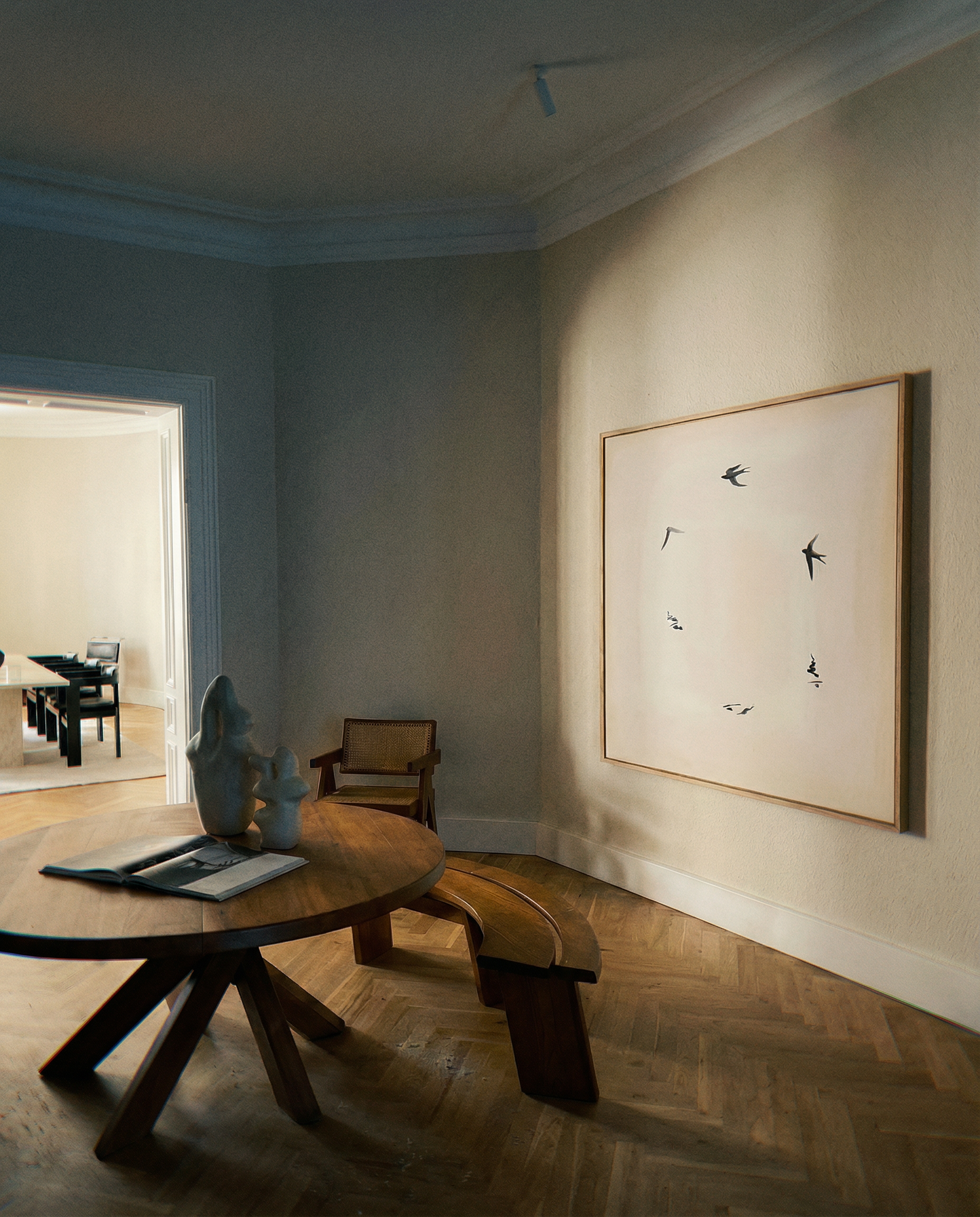 Modern interior with a wooden table, chair, and abstract art on the wall.  Birds – Nature Canvas Wall Art | Large Luxury Print | Brume Art