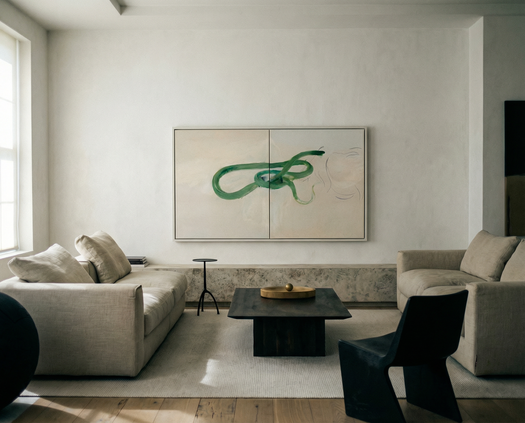 Modern living room with abstract artwork on the wall Green Snake – Nature Canvas Wall Art | Large Luxury Print | Brume Art