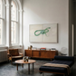 Modern living room with a large abstract painting on the wall, a wooden sideboard, and a chaise lounge. Green Snake – Nature Canvas Wall Art | Large Luxury Print | Brume Art