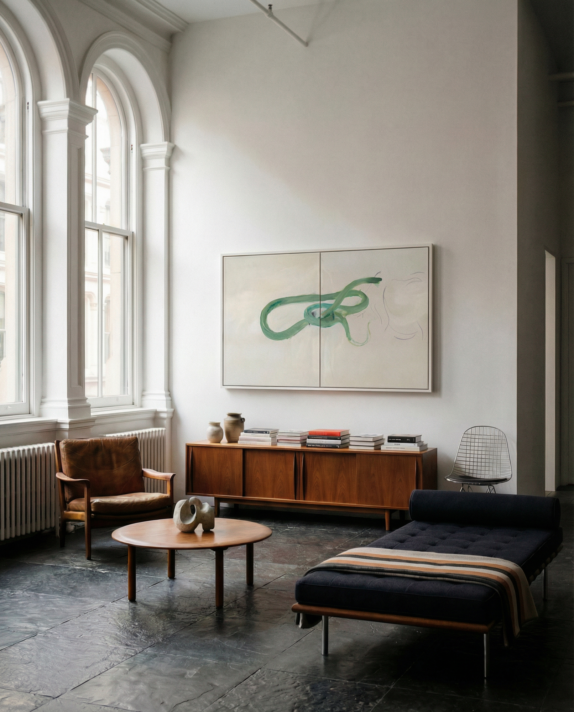 Modern living room with a large abstract painting on the wall, a wooden sideboard, and a chaise lounge. Green Snake – Nature Canvas Wall Art | Large Luxury Print | Brume Art