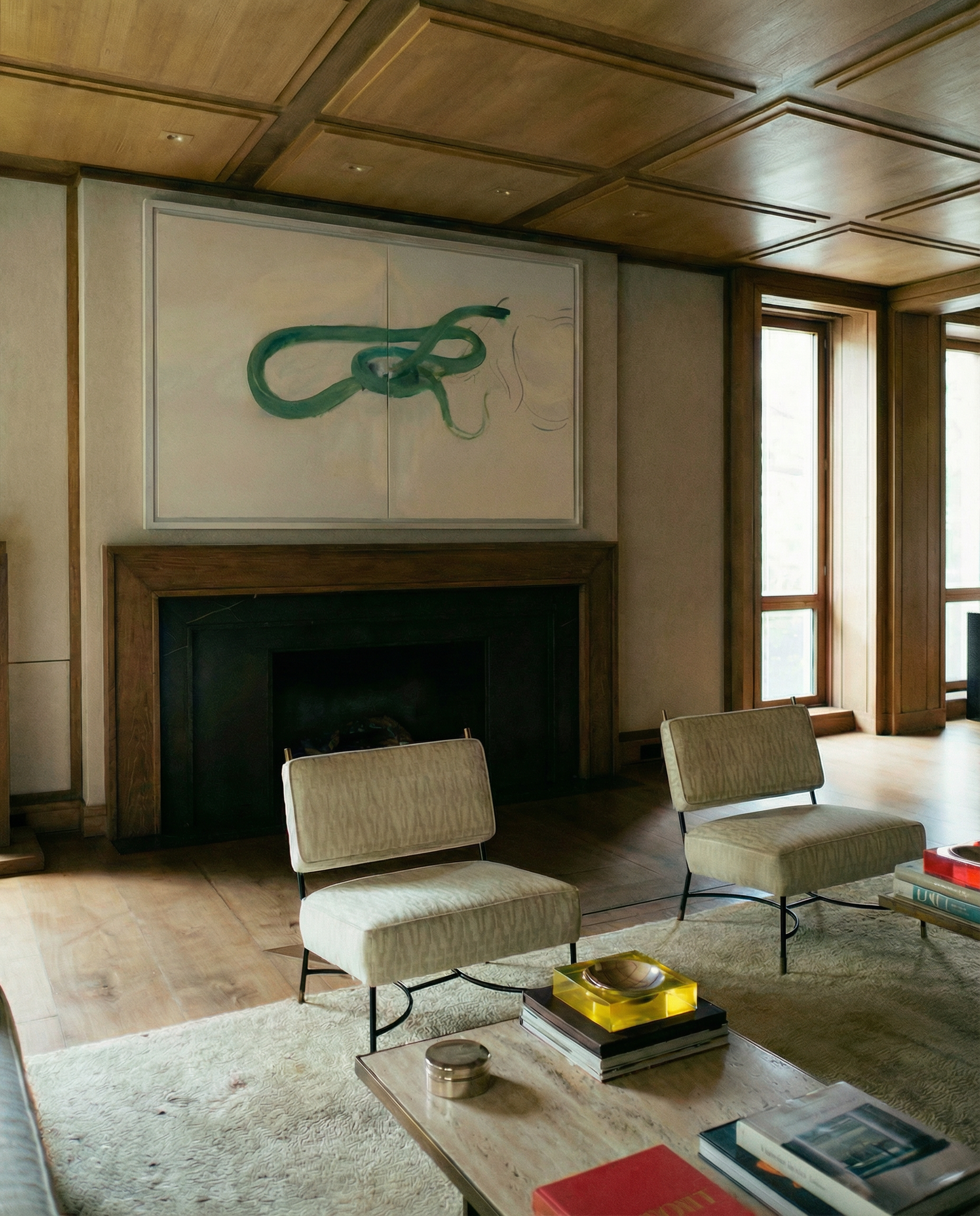 Modern living room with wooden ceiling, fireplace, and minimal decor. Green Snake – Nature Canvas Wall Art | Large Luxury Print | Brume Art