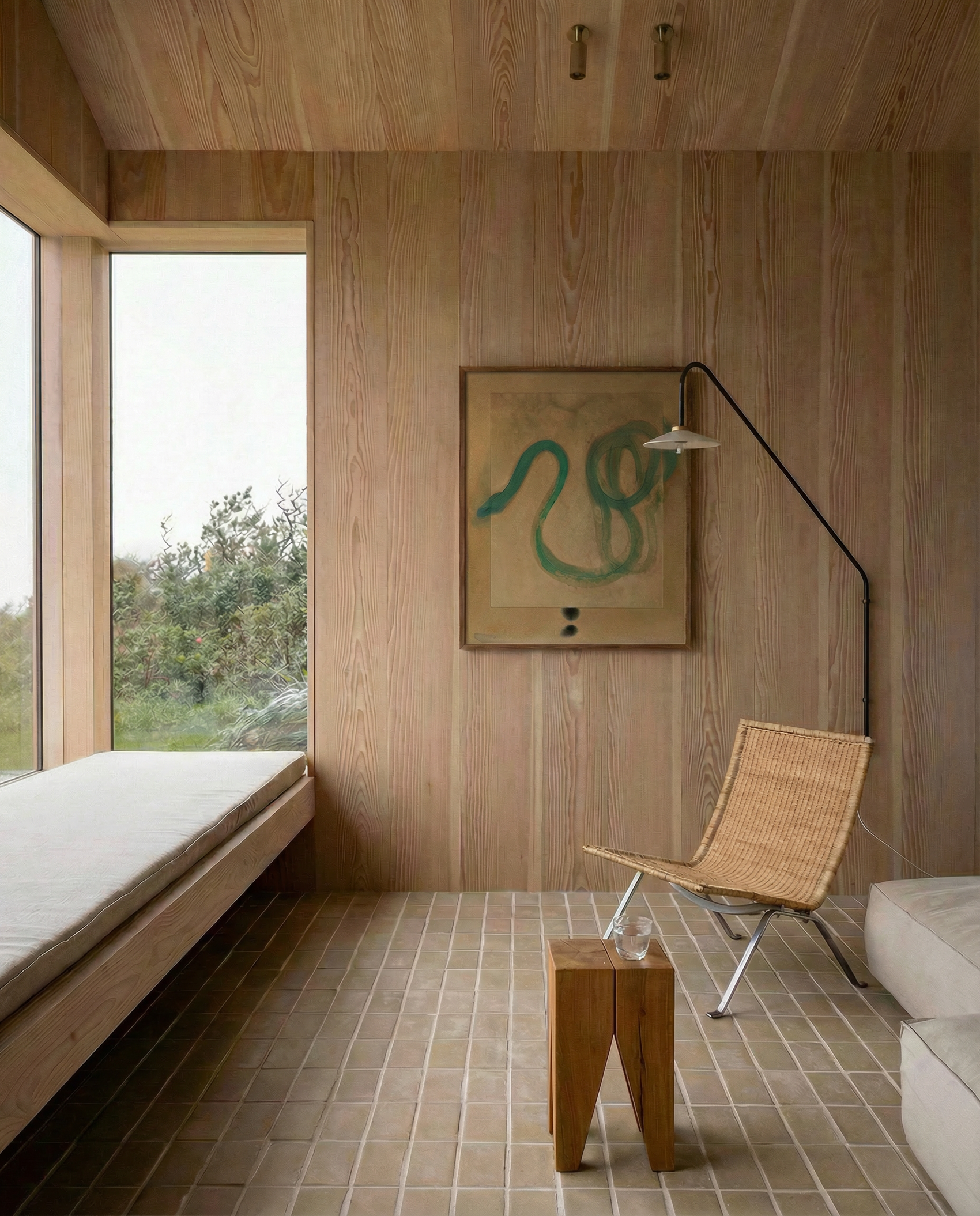 Modern interior with wooden walls, a wicker chair, and a bench. Snake 2 – Nature Canvas Wall Art | Premium Luxury Print | Brume Art