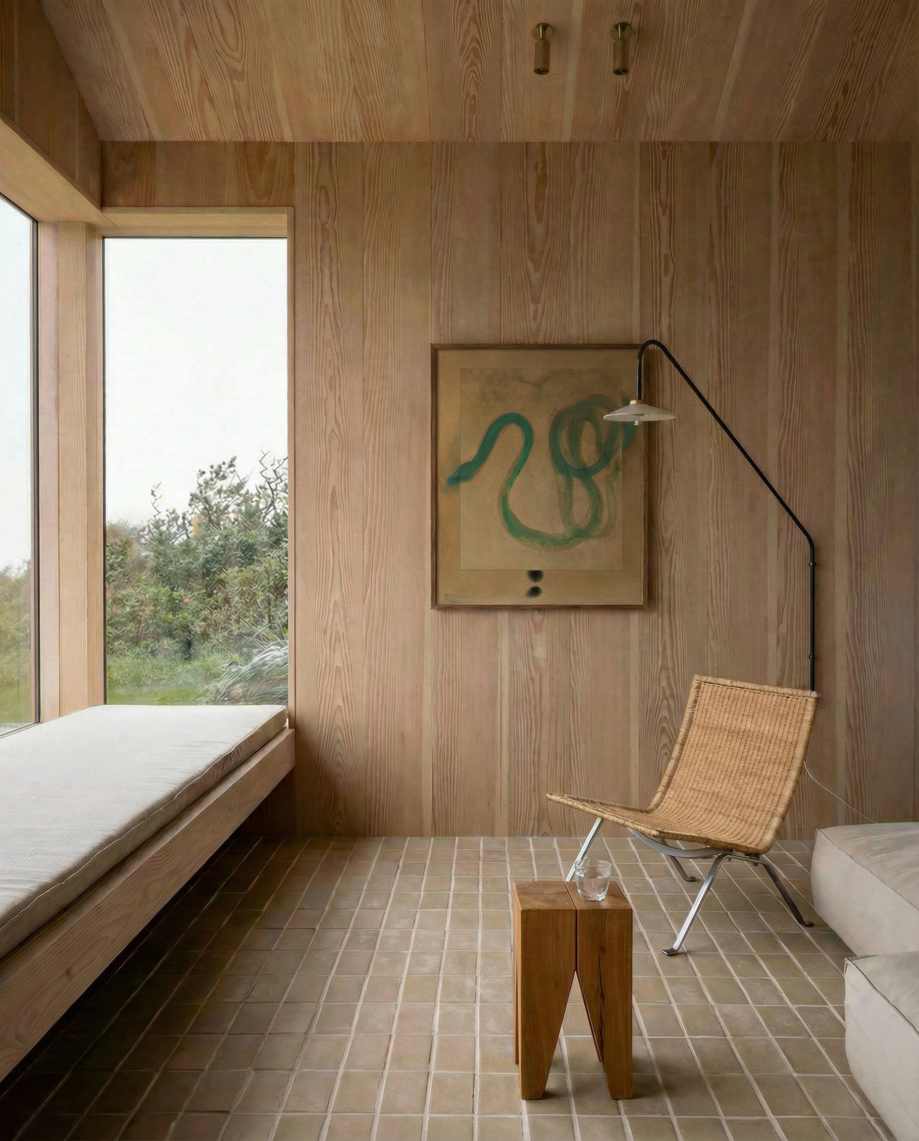 Modern interior with wooden walls, a wicker chair, and a bench. Snake 2 – Nature Canvas Wall Art | Premium Luxury Print | Brume Art