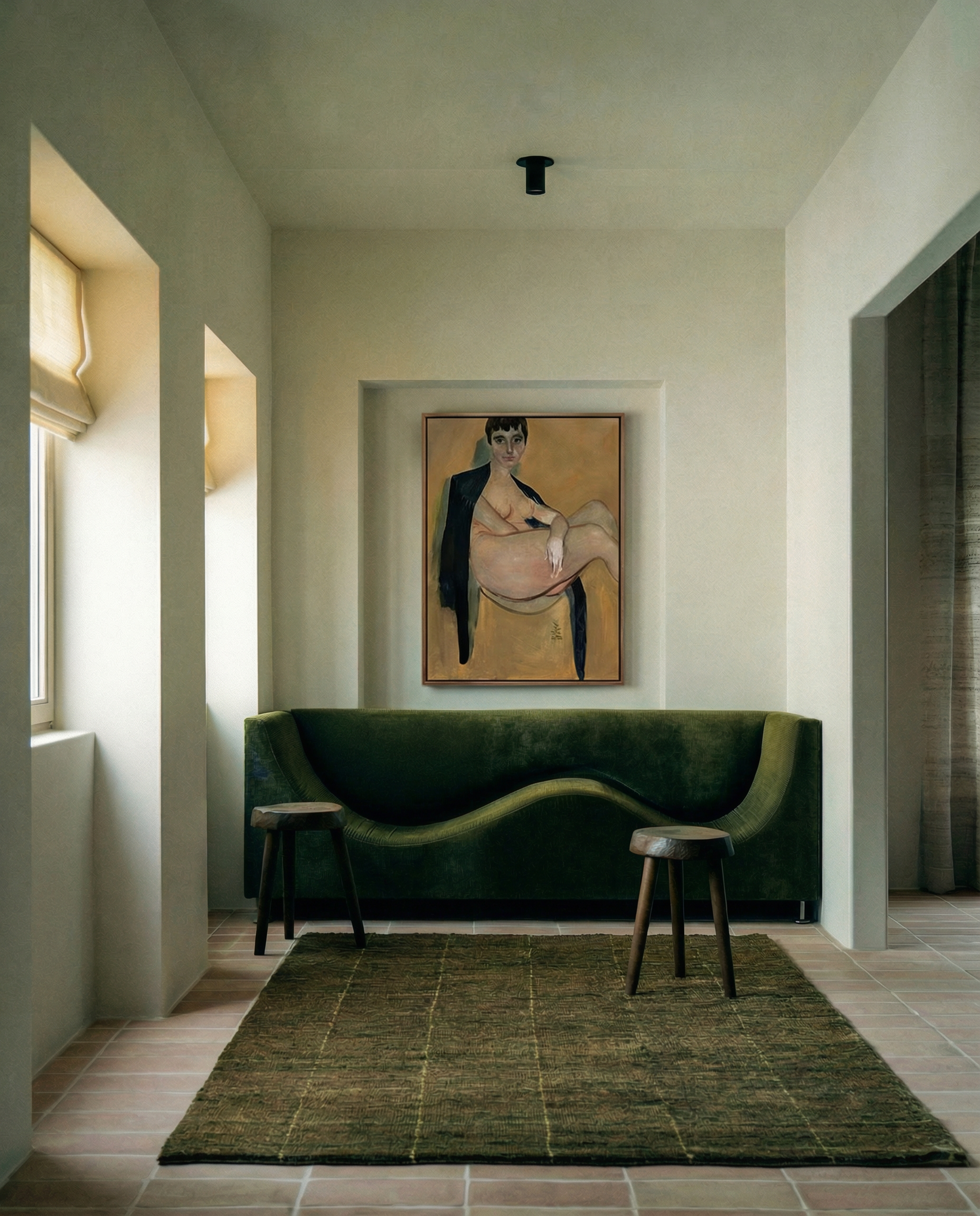 Modern interior with a green sofa, abstract painting, and wooden stool. Girl with Short Hair – Portrait Canvas Art | Luxury Wall Decor | Brume Art