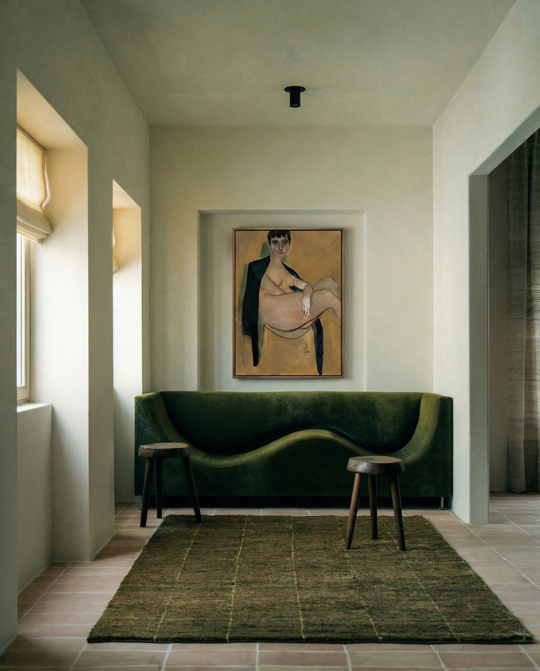 Modern interior with a green sofa, abstract painting, and wooden stool. Girl with Short Hair – Portrait Canvas Art | Luxury Wall Decor | Brume Art