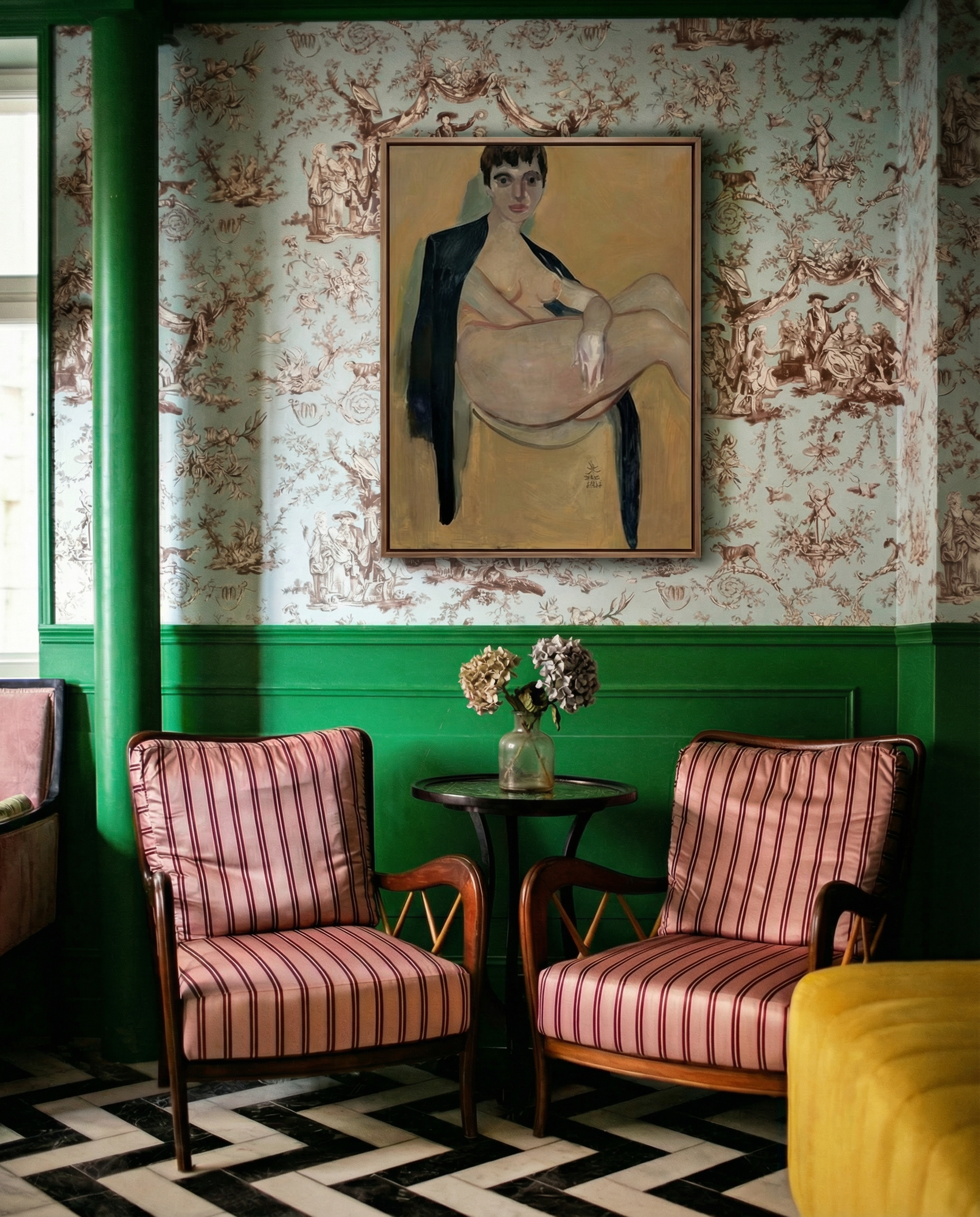 Vintage-style room with striped chairs, a small table, and a painting on floral wallpaper.Girl with Short Hair – Portrait Canvas Art | Luxury Wall Decor | Brume Art