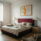 Modern bedroom with a bed, lamps, and abstract art on the wall. Figure and Flame – Figurative Canvas Wall Art | Premium Luxury Print | Brume Art