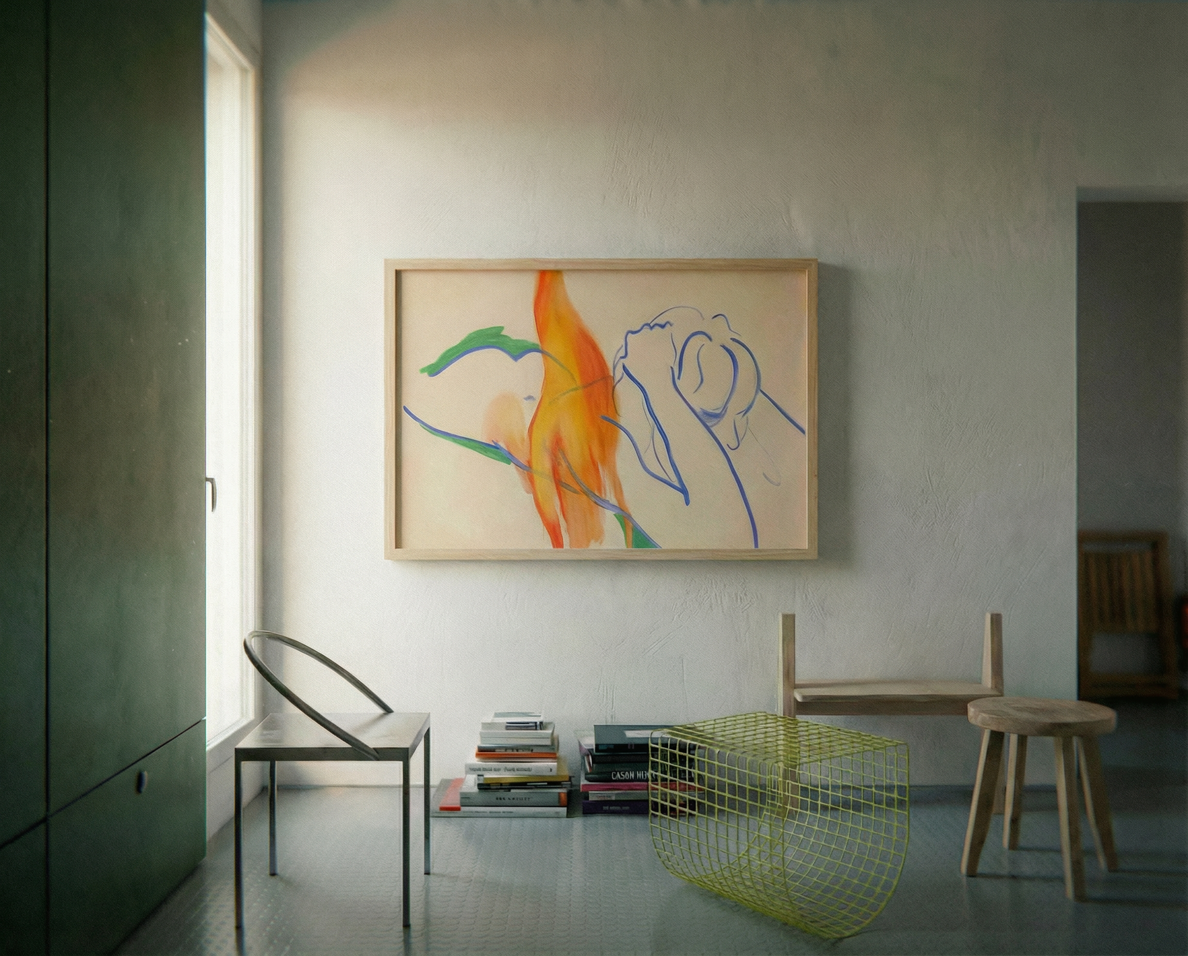 Modern interior with abstract painting on the wall, chairs, and a stool. Figure and Flame – Figurative Canvas Wall Art | Premium Luxury Print | Brume Art