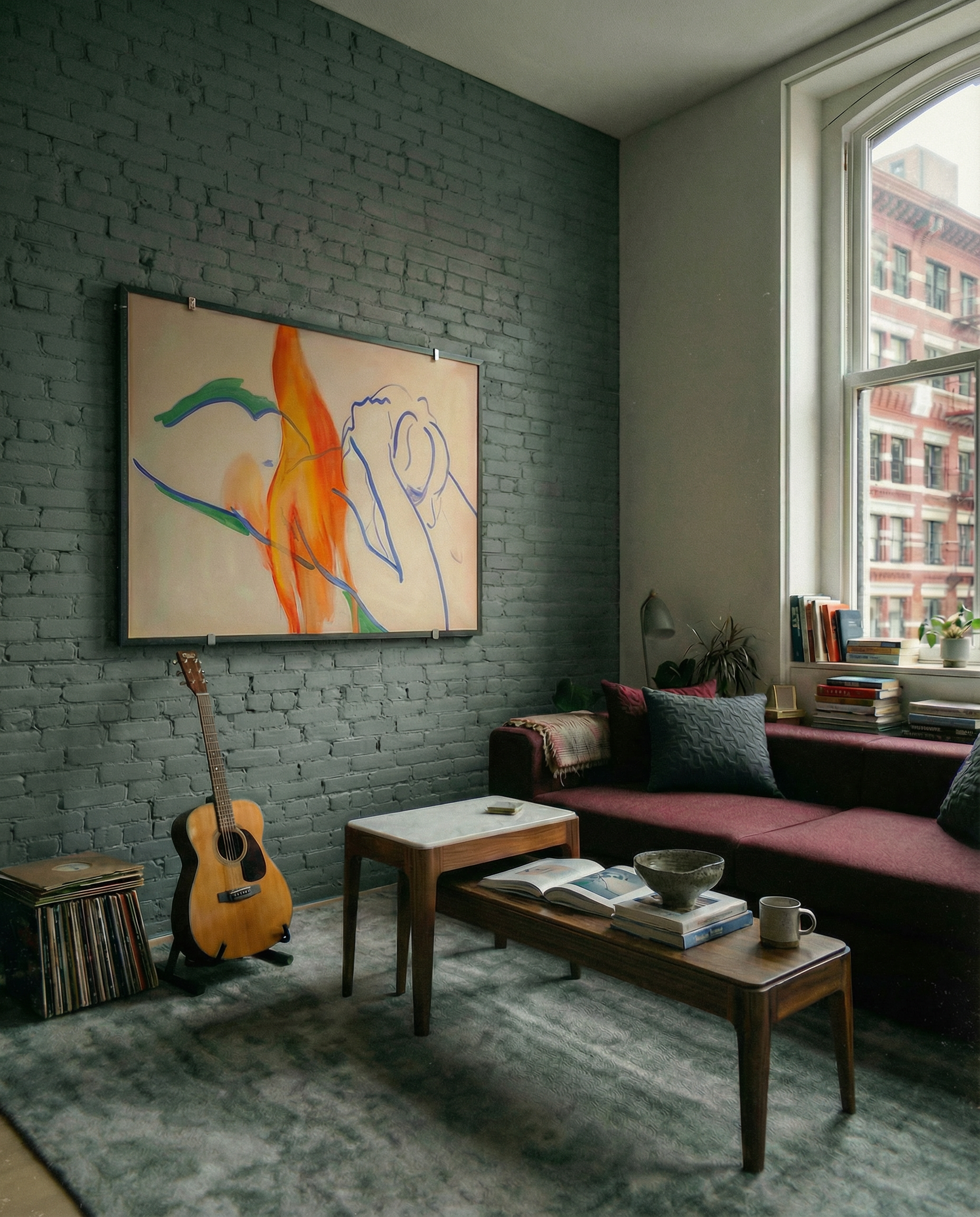 Living room with gray brick wall, colorful abstract painting, guitar, and a window view. Figure and Flame – Figurative Canvas Wall Art | Premium Luxury Print | Brume Art