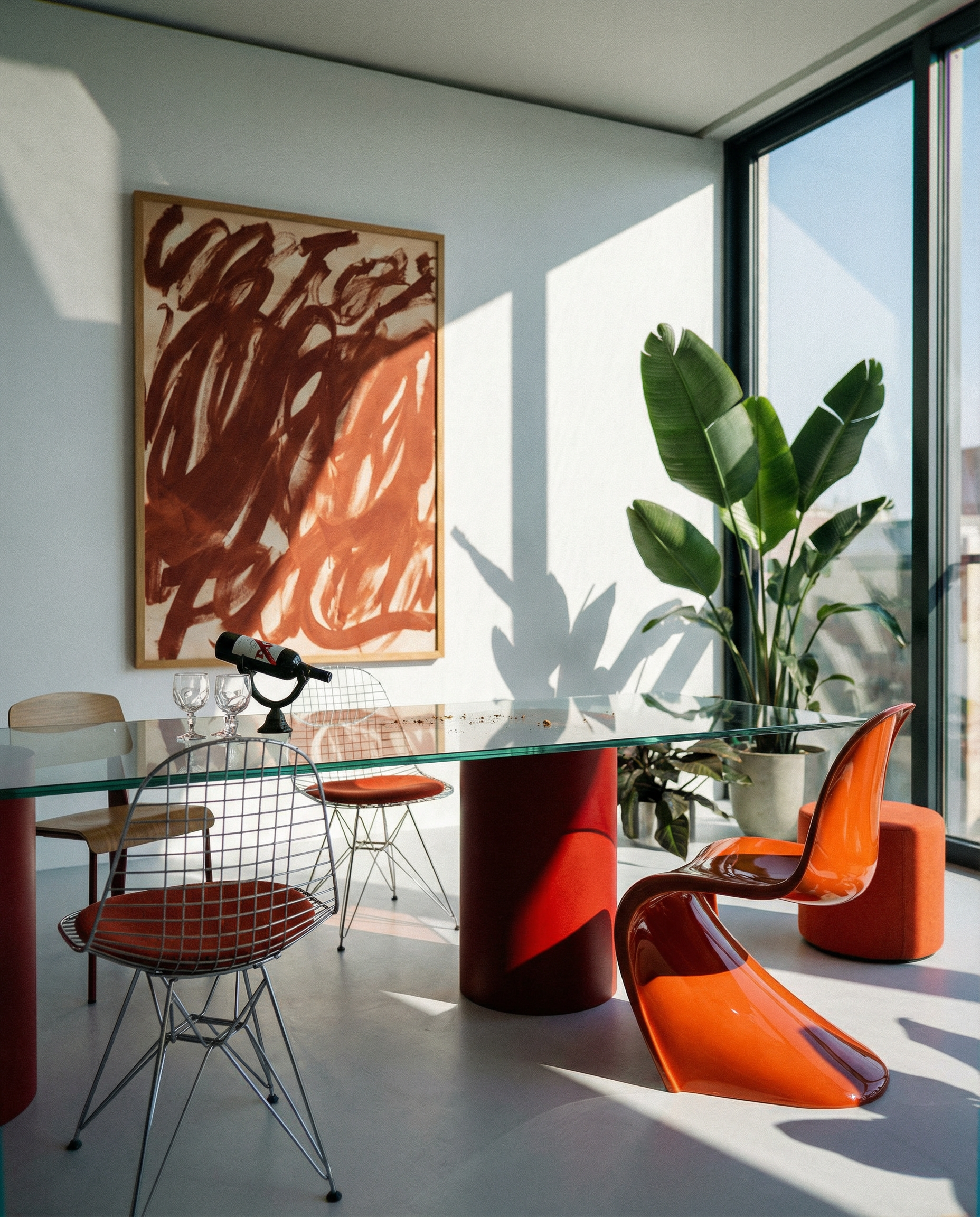 Modern interior with a glass table, orange chairs, and abstract art on the wall. Noise 6 – Textured Abstract Canvas Art | Premium Luxury Wall Decor | Brume Art