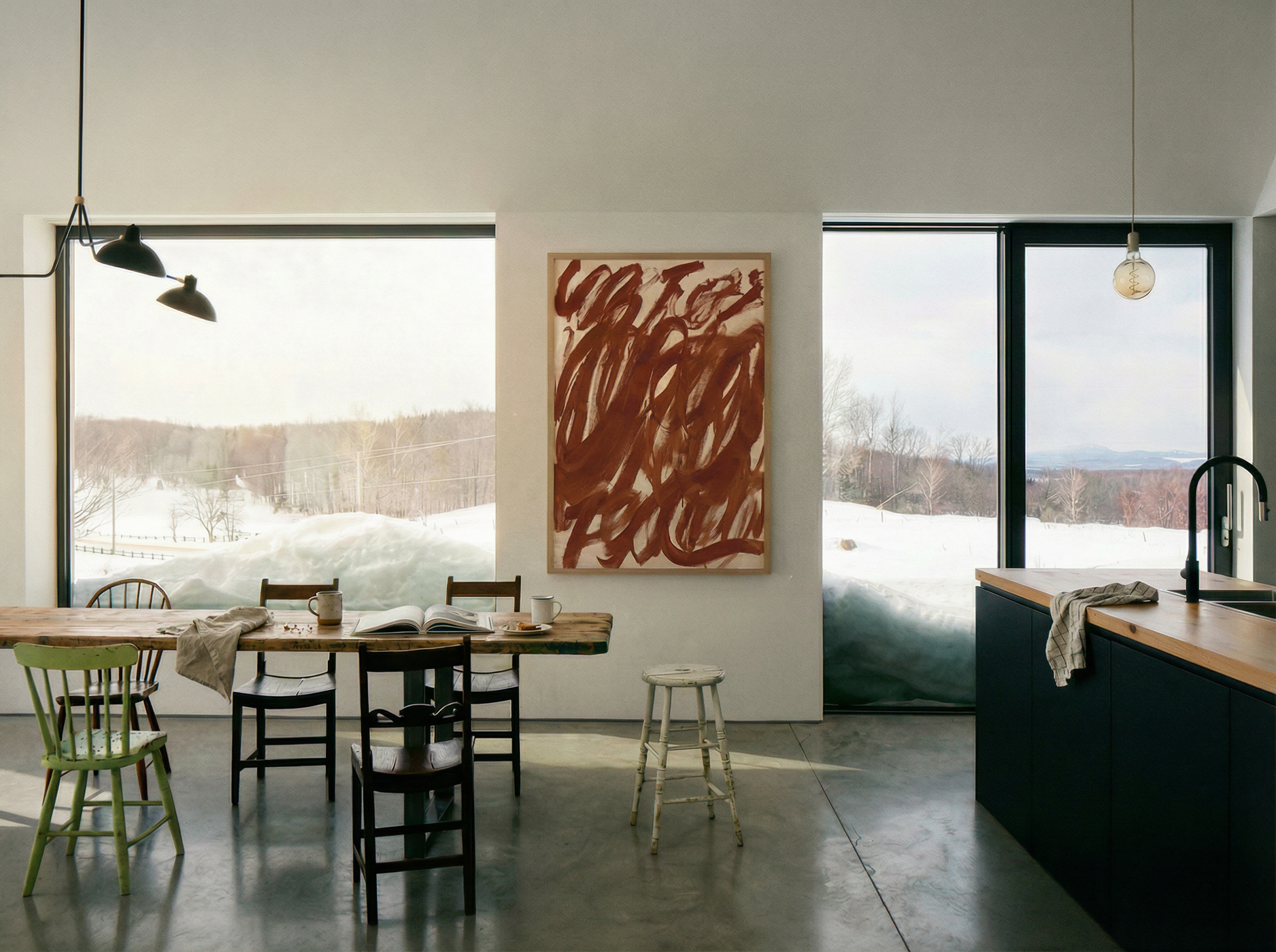 Modern kitchen with a dining table and abstract artwork on the wall. Noise 6 – Textured Abstract Canvas Art | Premium Luxury Wall Decor | Brume Art