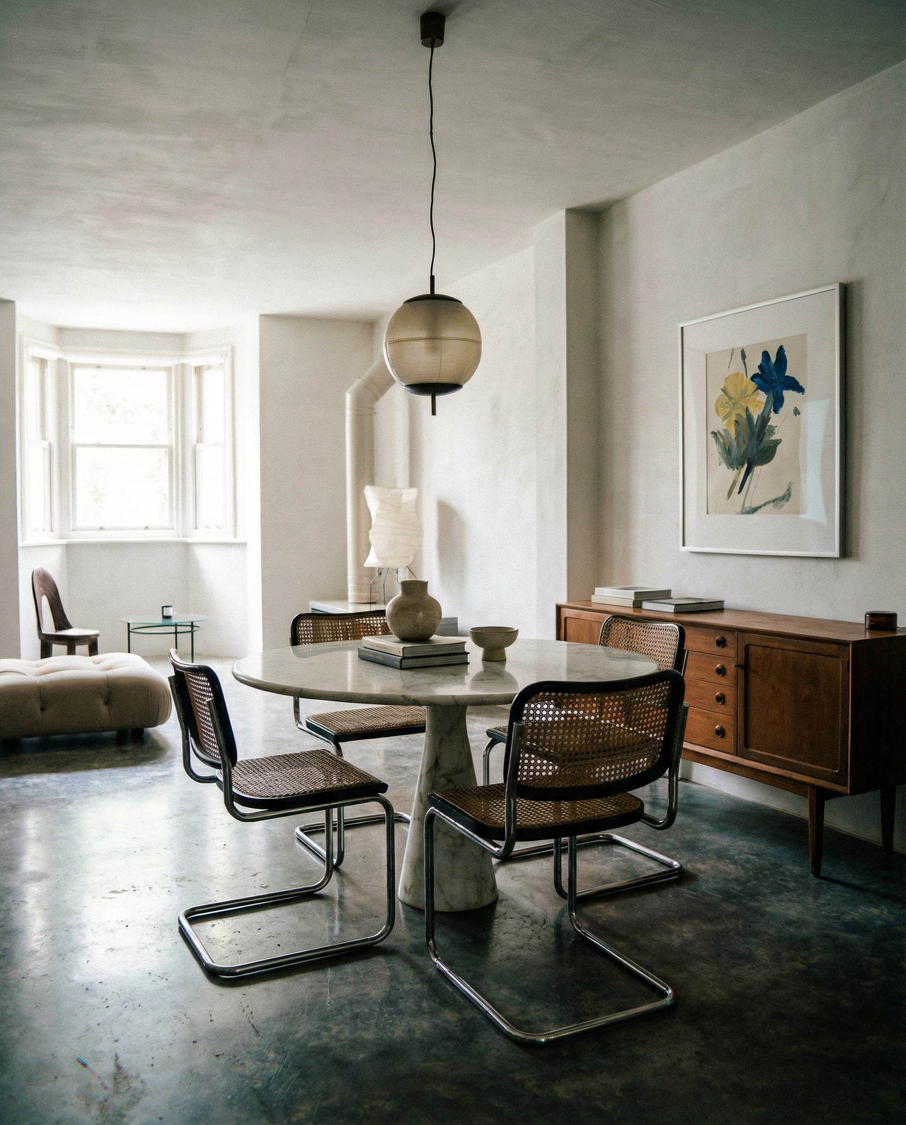 Modern dining room with a round table and chairs, wooden sideboard, and abstract art on the wall. Blossom 2 – Botanical Canvas Wall Art | Premium Luxury Print | Brume Art