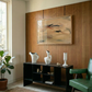 Modern living room with wooden wall, abstract painting, and decorative items. Abstract painting with brown and black brush strokes on a beige background Field Yellow 2 – Landscape Canvas Wall Art | Premium Luxury Print | Brume Art