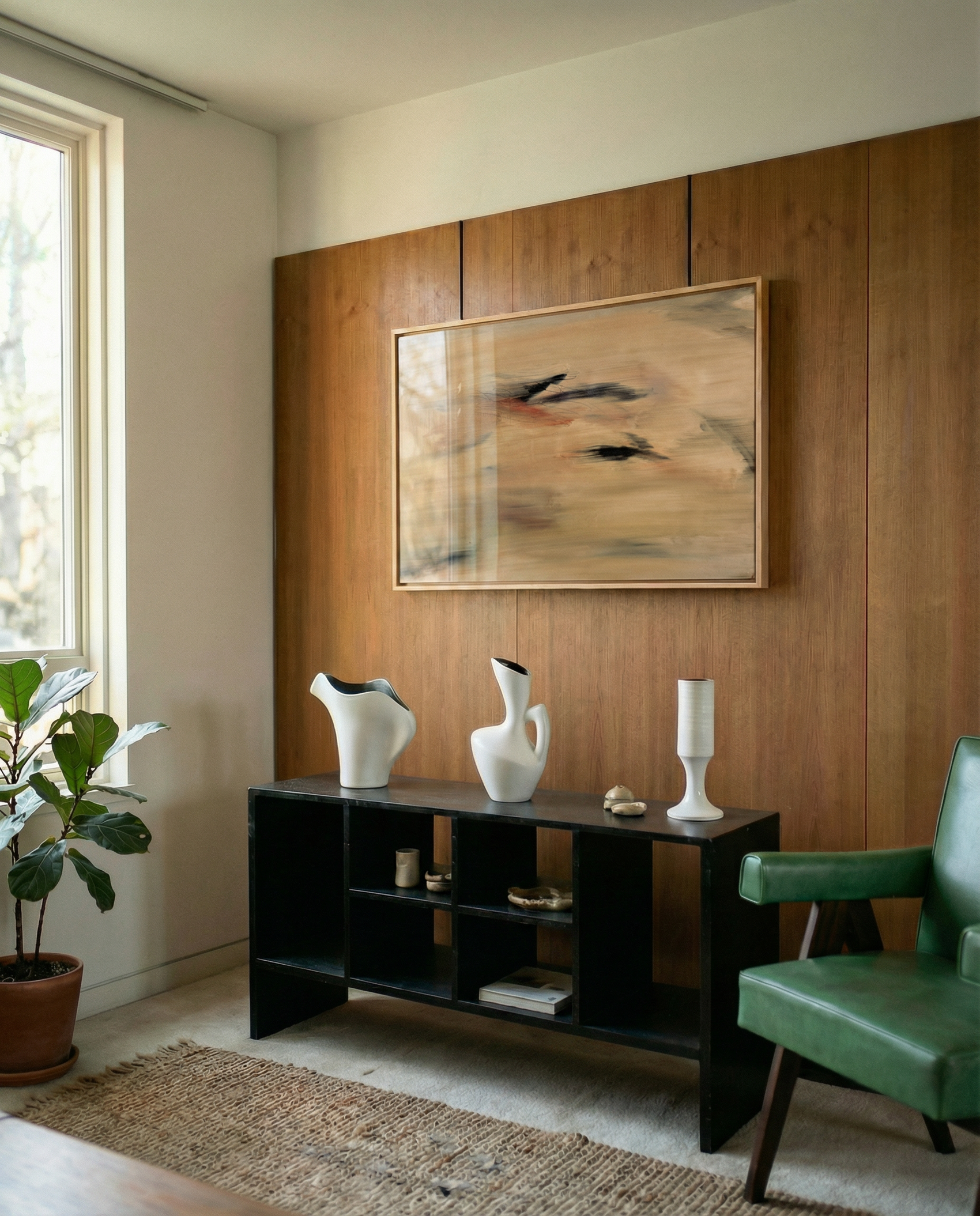 Modern living room with wooden wall, abstract painting, and decorative items. Abstract painting with brown and black brush strokes on a beige background Field Yellow 2 – Landscape Canvas Wall Art | Premium Luxury Print | Brume Art