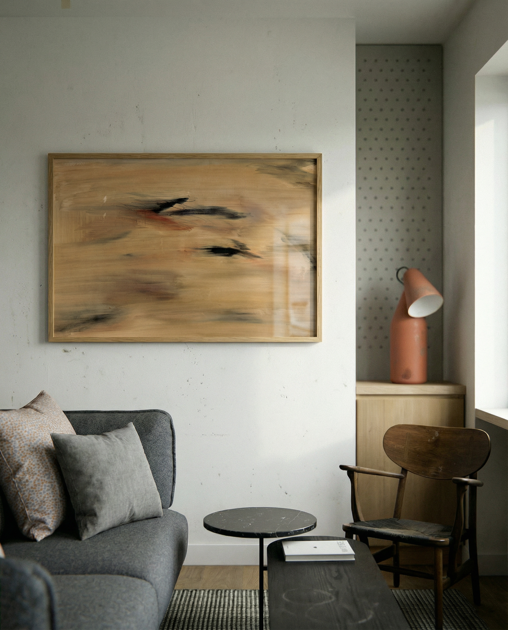 Modern living room with gray sofa, wooden chair, and abstract painting on wall. Abstract painting with brown and black brush strokes on a beige background Field Yellow 2 – Landscape Canvas Wall Art | Premium Luxury Print | Brume Art