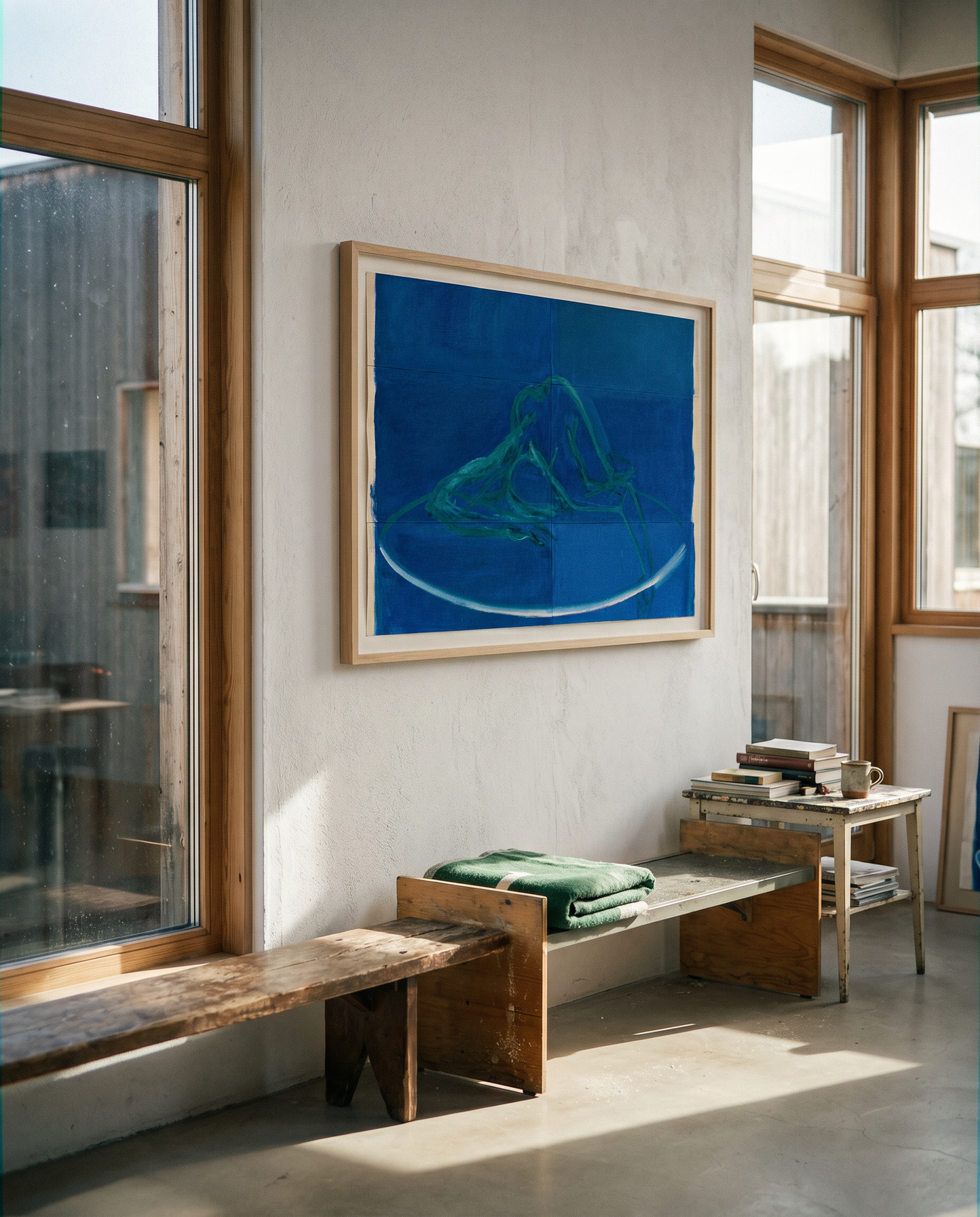 Modern interior with a large blue abstract painting on a white wall, wooden bench, and table.