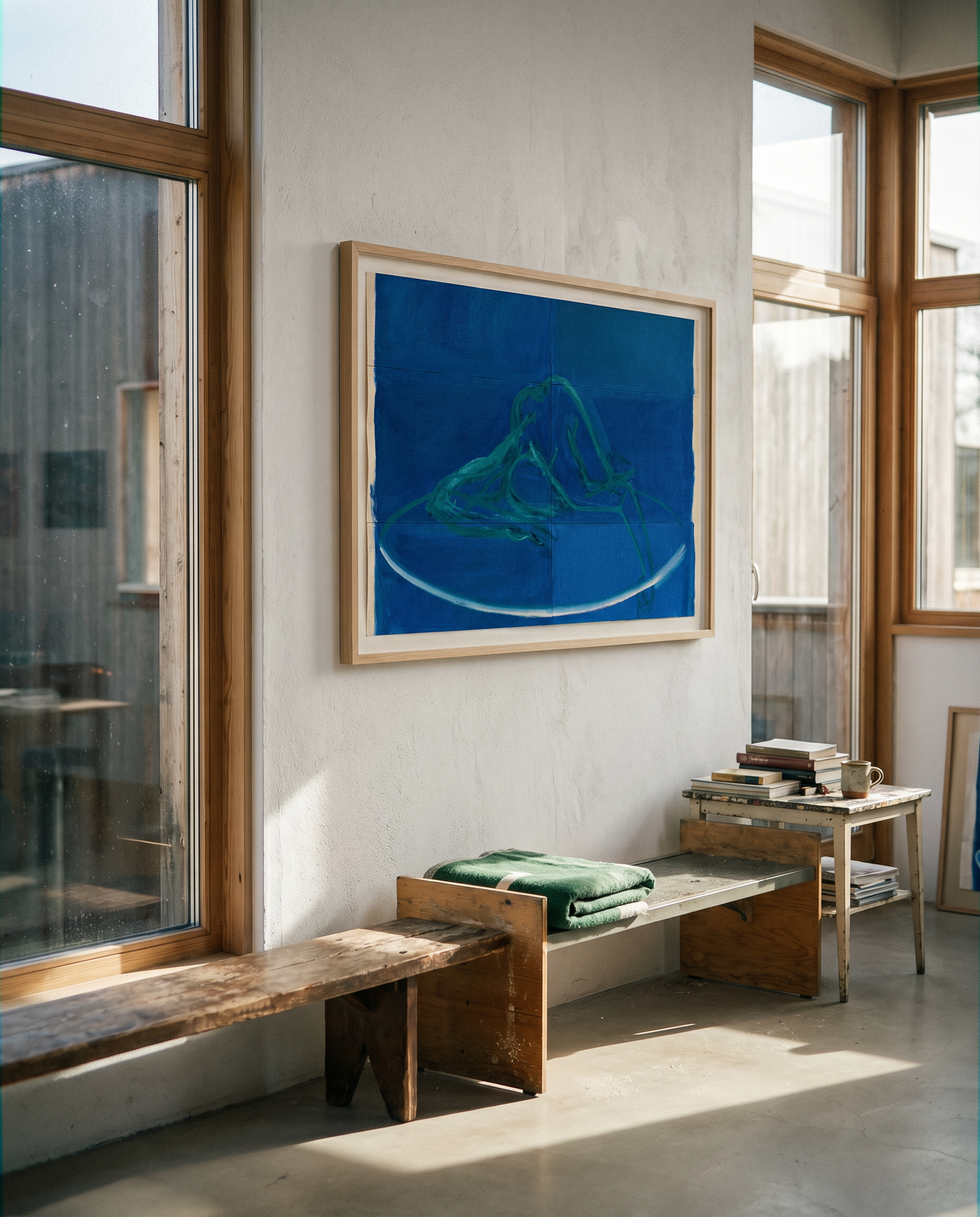 Modern interior with a large blue abstract painting on a white wall, wooden bench, and table.