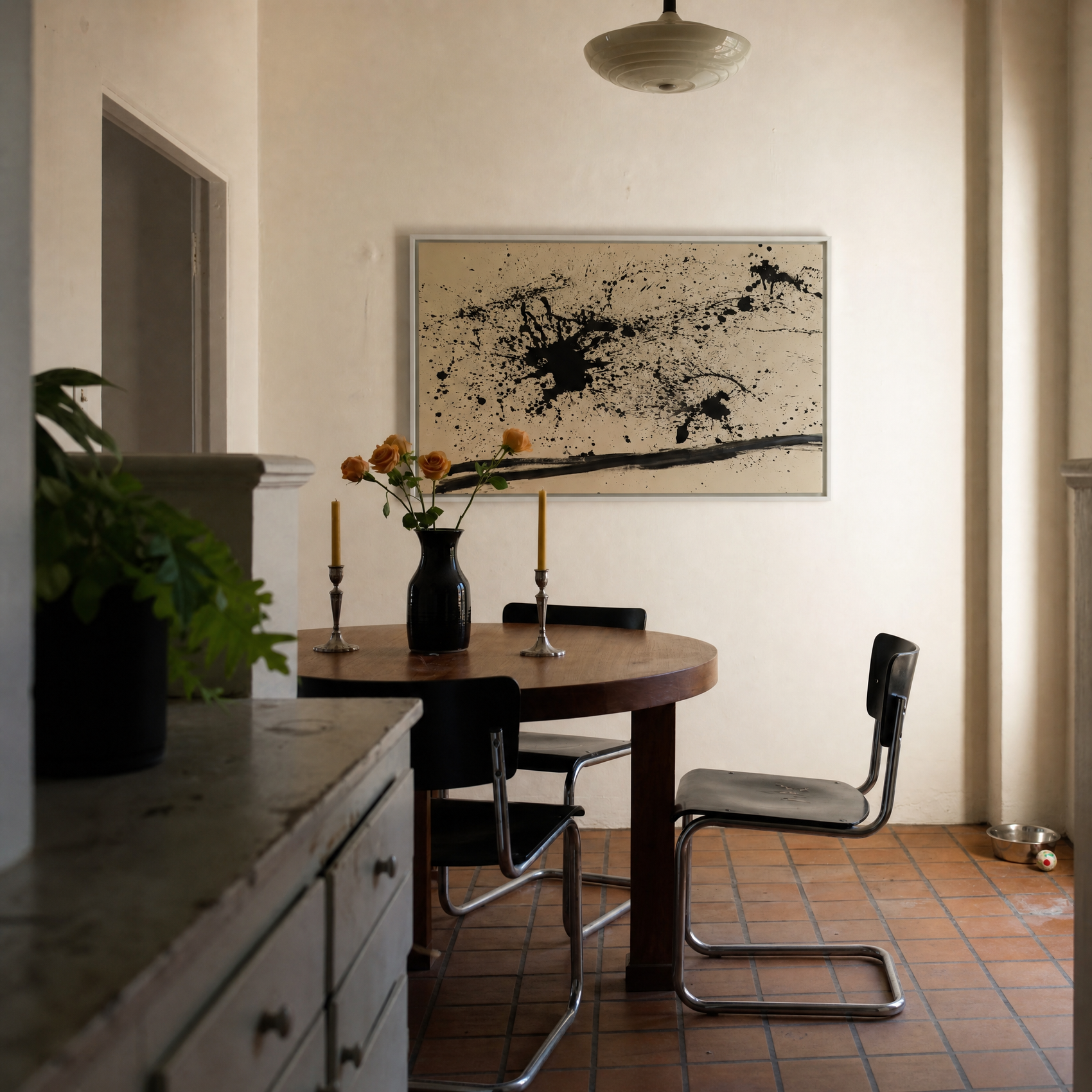 Dining area with a wooden table, chairs, and abstract art on the wall. Abstract Ink Canvas Wall Art | Large Premium Print | Brume Art | Luxury Wall Decor | Large Canvas Wall Art | Oversized Wall Hanging-Brume art