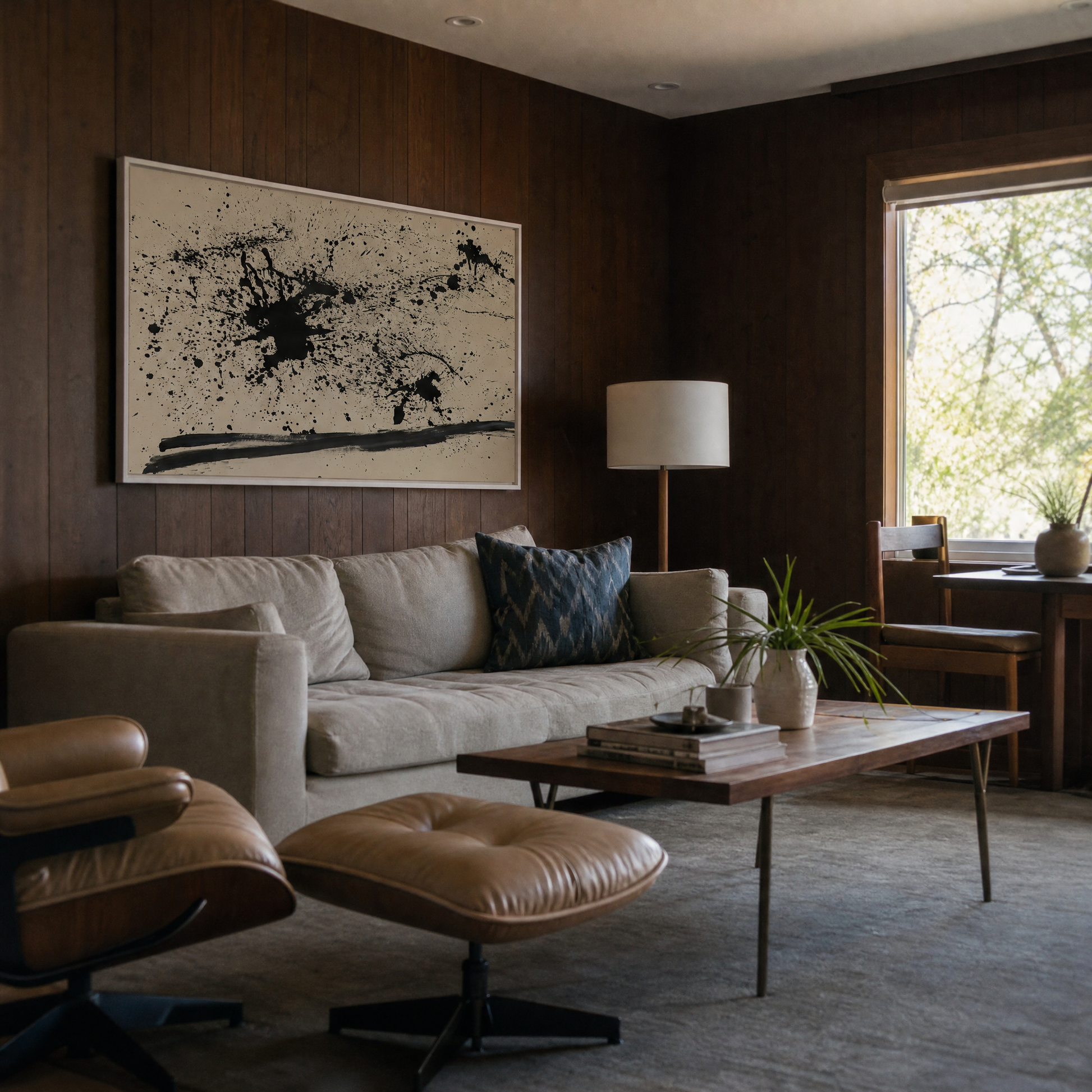 Modern living room with a couch, coffee table, and abstract art on the wall. Abstract Ink Canvas Wall Art | Large Premium Print | Brume Art | Luxury Wall Decor | Large Canvas Wall Art | Oversized Wall Hanging-Brume art