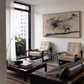 Modern living room with beige armchairs, a dark leather sofa, and abstract art on the wall. Abstract Ink Canvas Wall Art | Large Premium Print | Brume Art | Luxury Wall Decor | Large Canvas Wall Art | Oversized Wall Hanging-Brume art